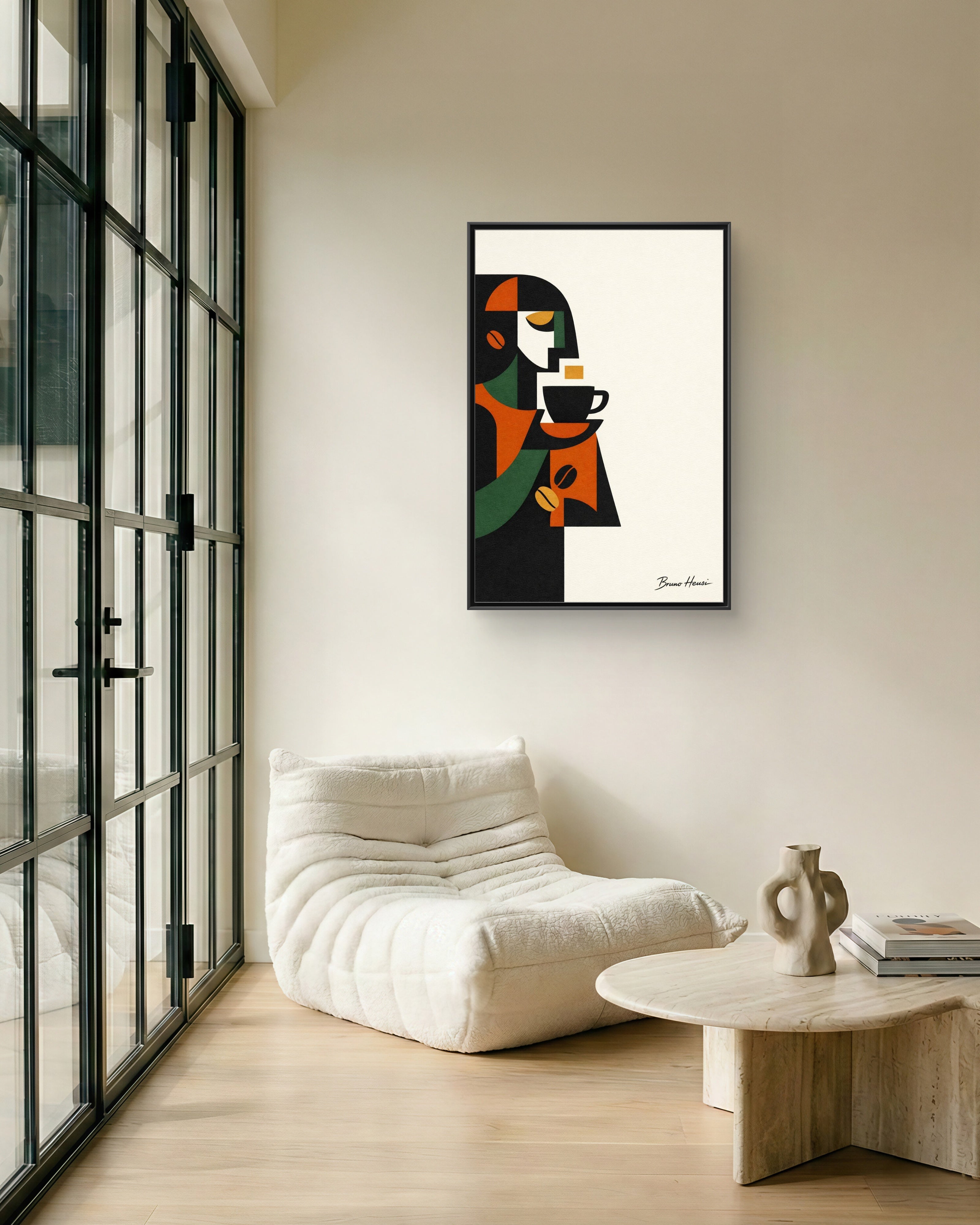 Abstract Coffee Drinker Framed Canvas Print — Modern Café Wall Art