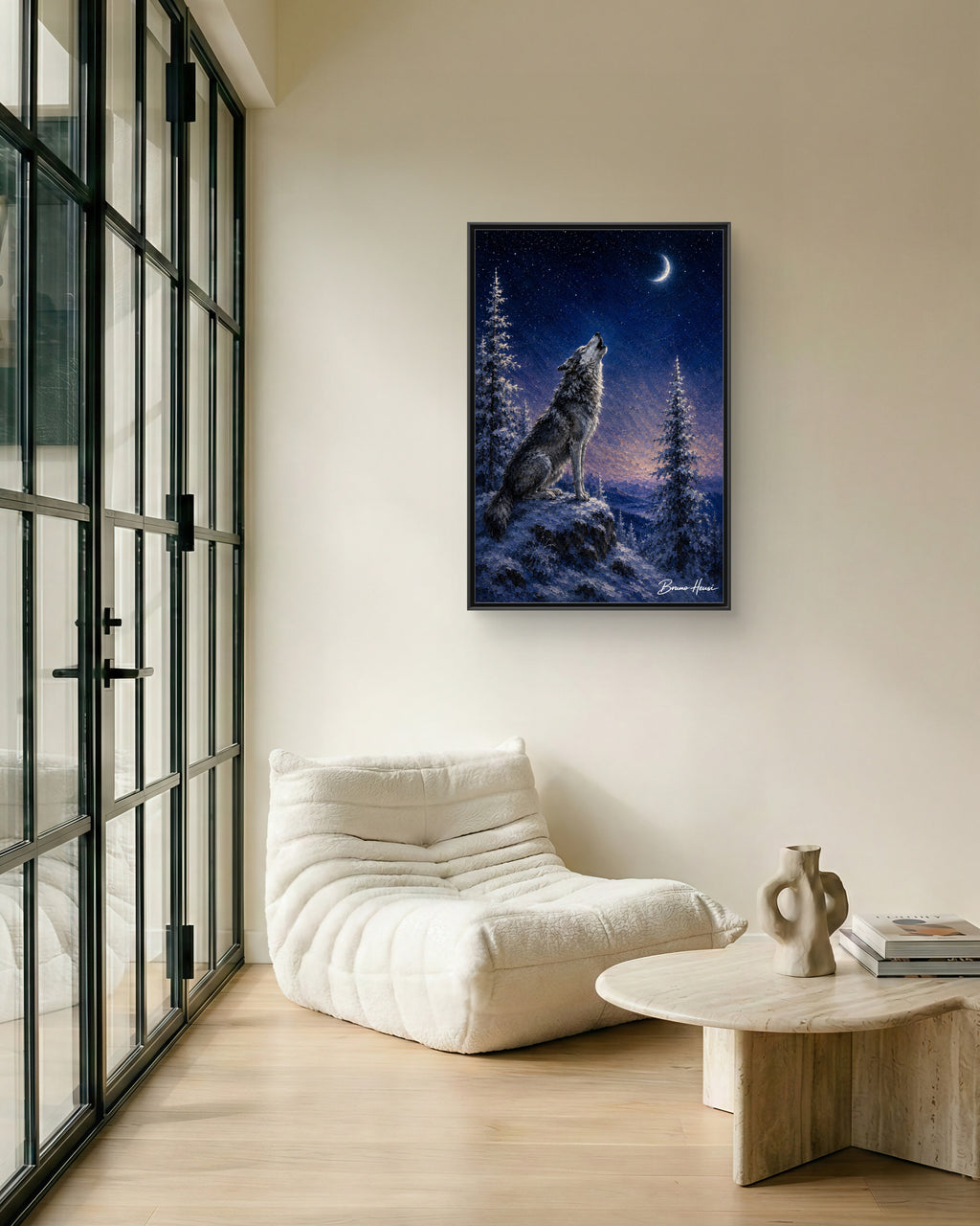 Howling Wolf Moon Framed Canvas Art - Matte Multi-Color Wilderness Print