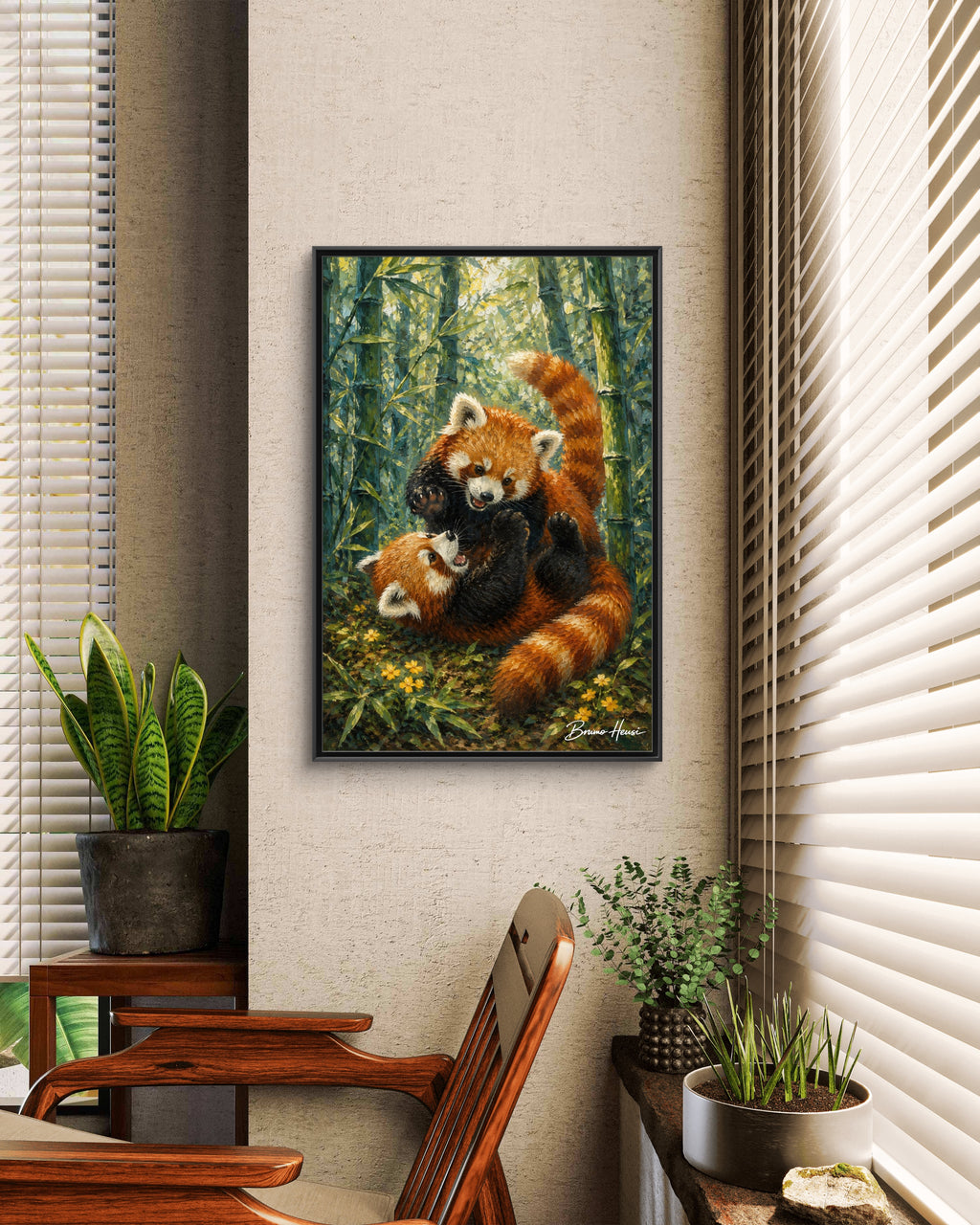 Red Panda Playtime Framed Canvas Wall Art — Playful Wildlife Print