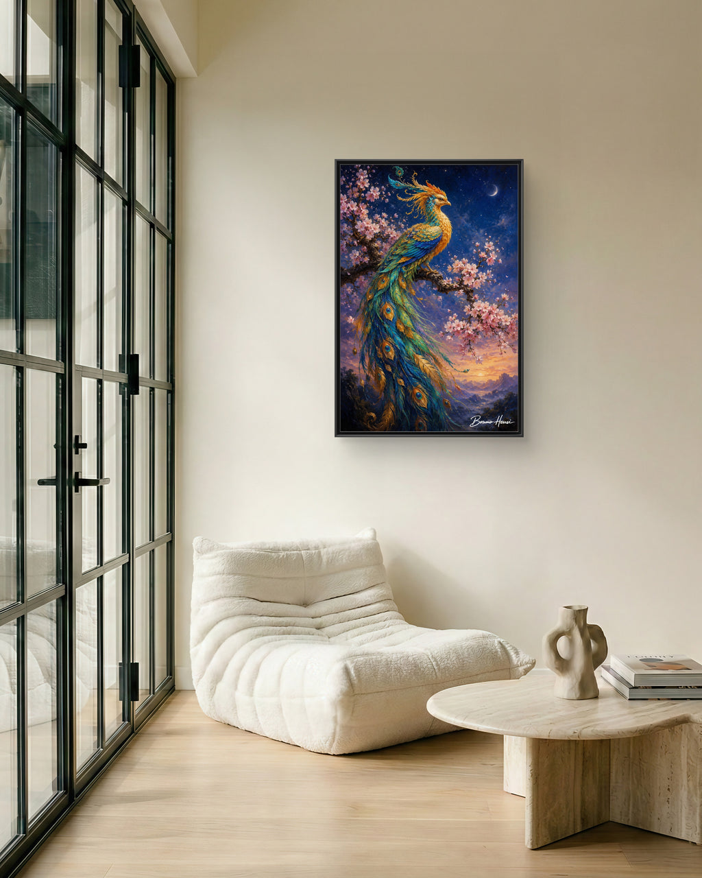 Framed Peacock Canvas Wall Art — Vibrant Fantasy Bird Print