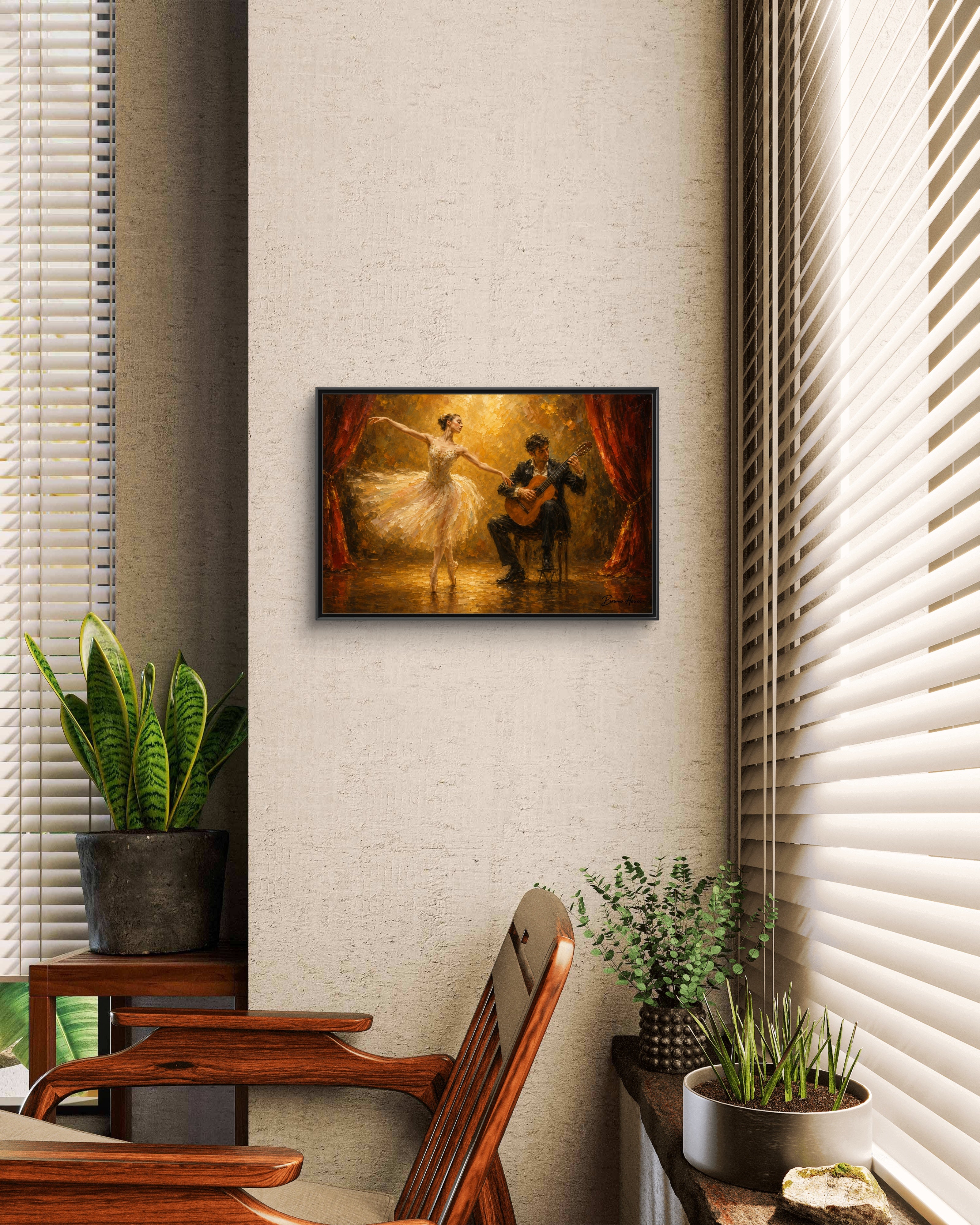 Ballet Dancer & Guitarist Framed Canvas Wall Art — Oil-Style Performance Print