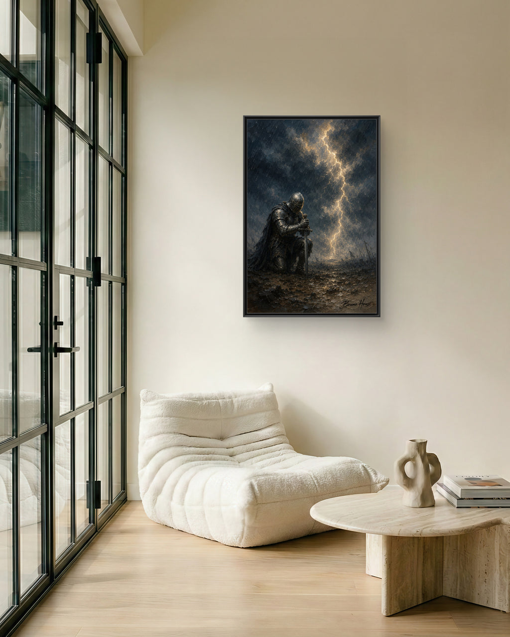 Knight in Thunderstorm Matte Framed Canvas — Dark Fantasy Wall Art