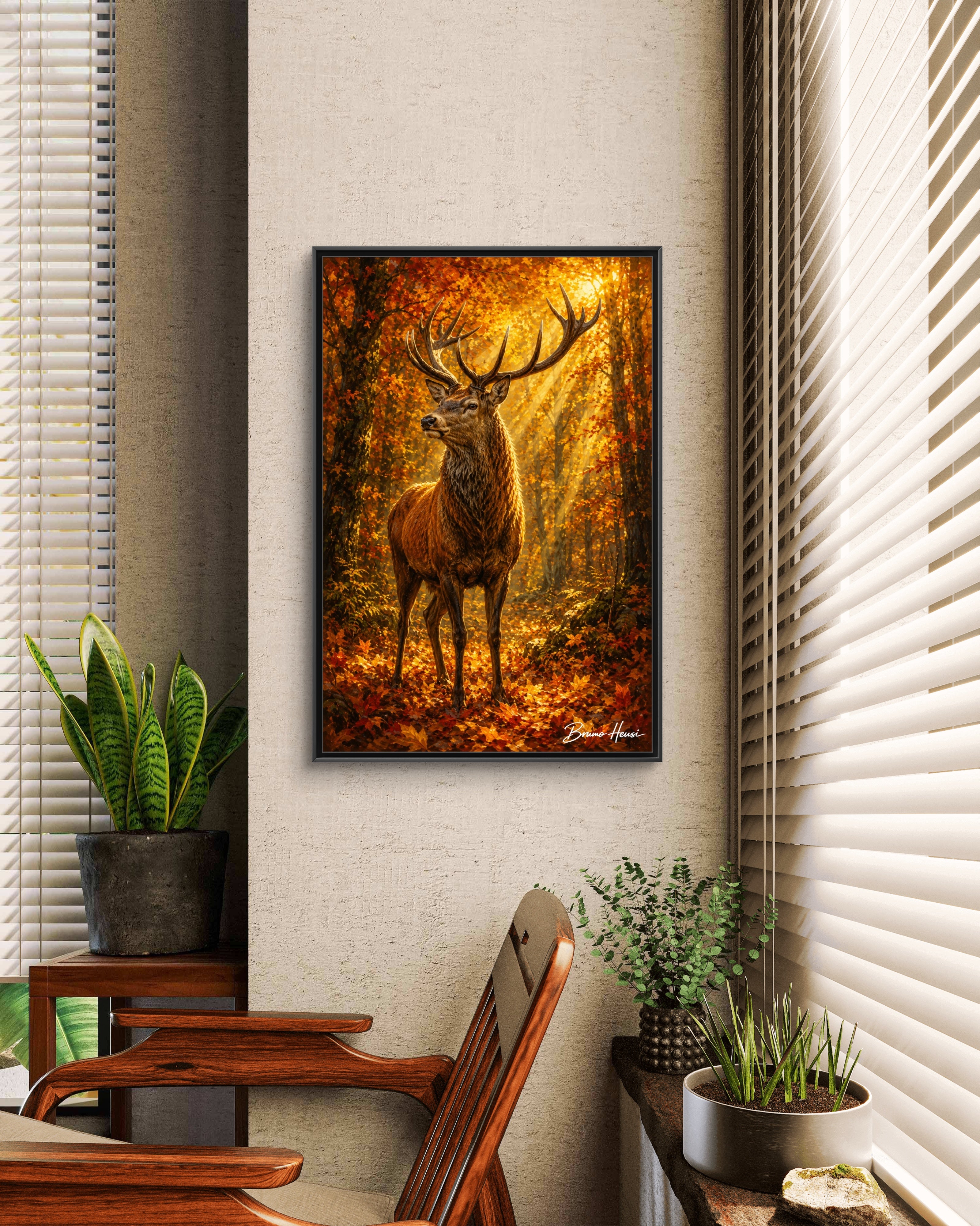 Majestic Stag Framed Canvas Wall Art — Autumn Forest Matte Print