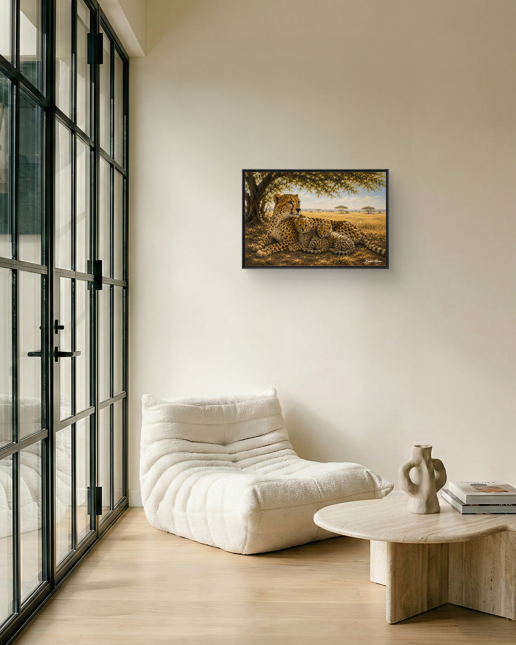 Cheetah Mother & Cubs Framed Canvas Wall Art – African Wildlife Safari Print