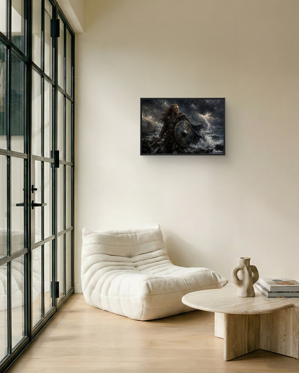 Viking Warrior Matte Framed Canvas Print — Stormy Norse Shield and Axe Wall Art