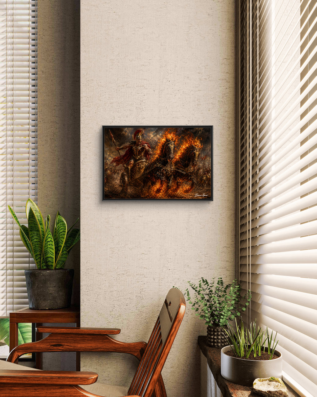 Flaming Chariot Framed Canvas Wall Art — Mythic Warrior Matte Print