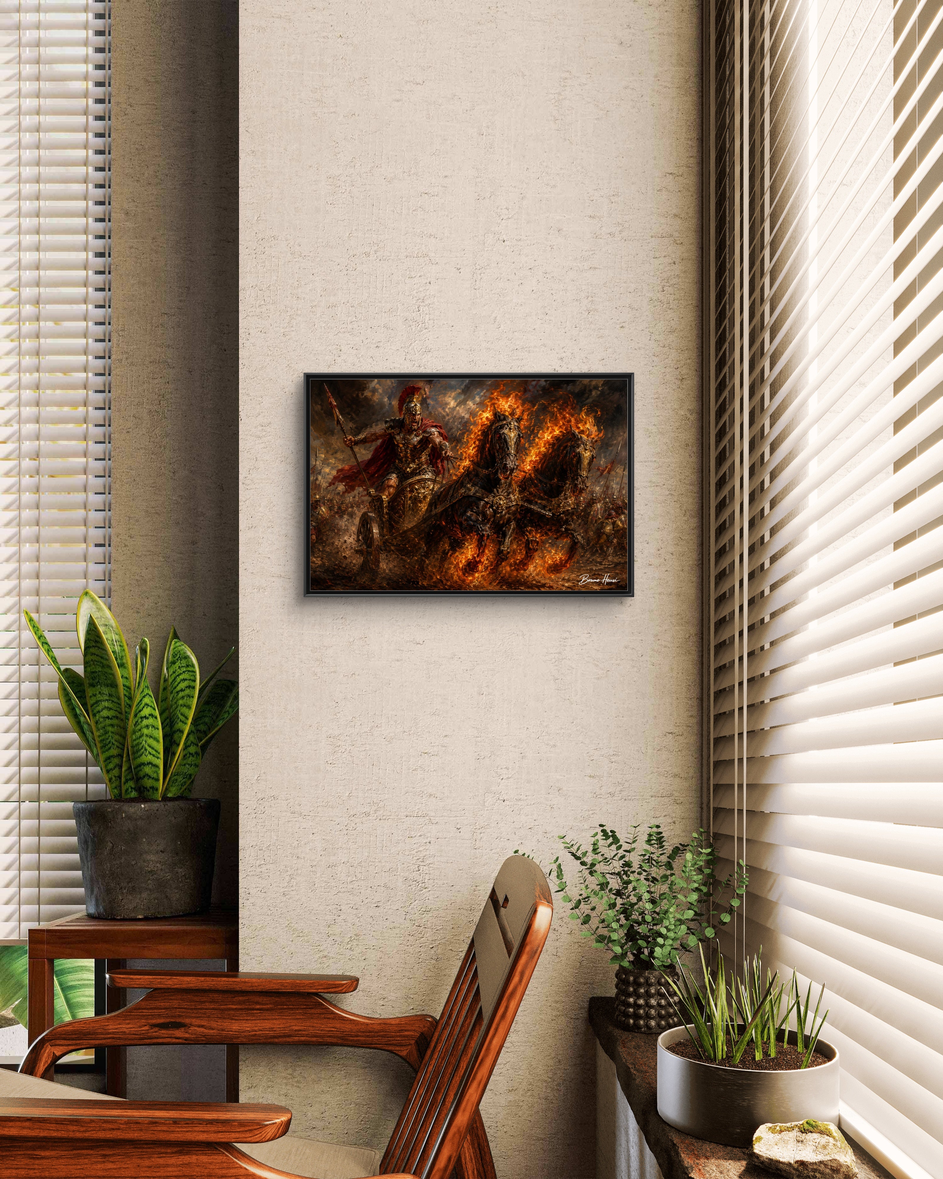 Flaming Chariot Framed Canvas Wall Art — Mythic Warrior Matte Print