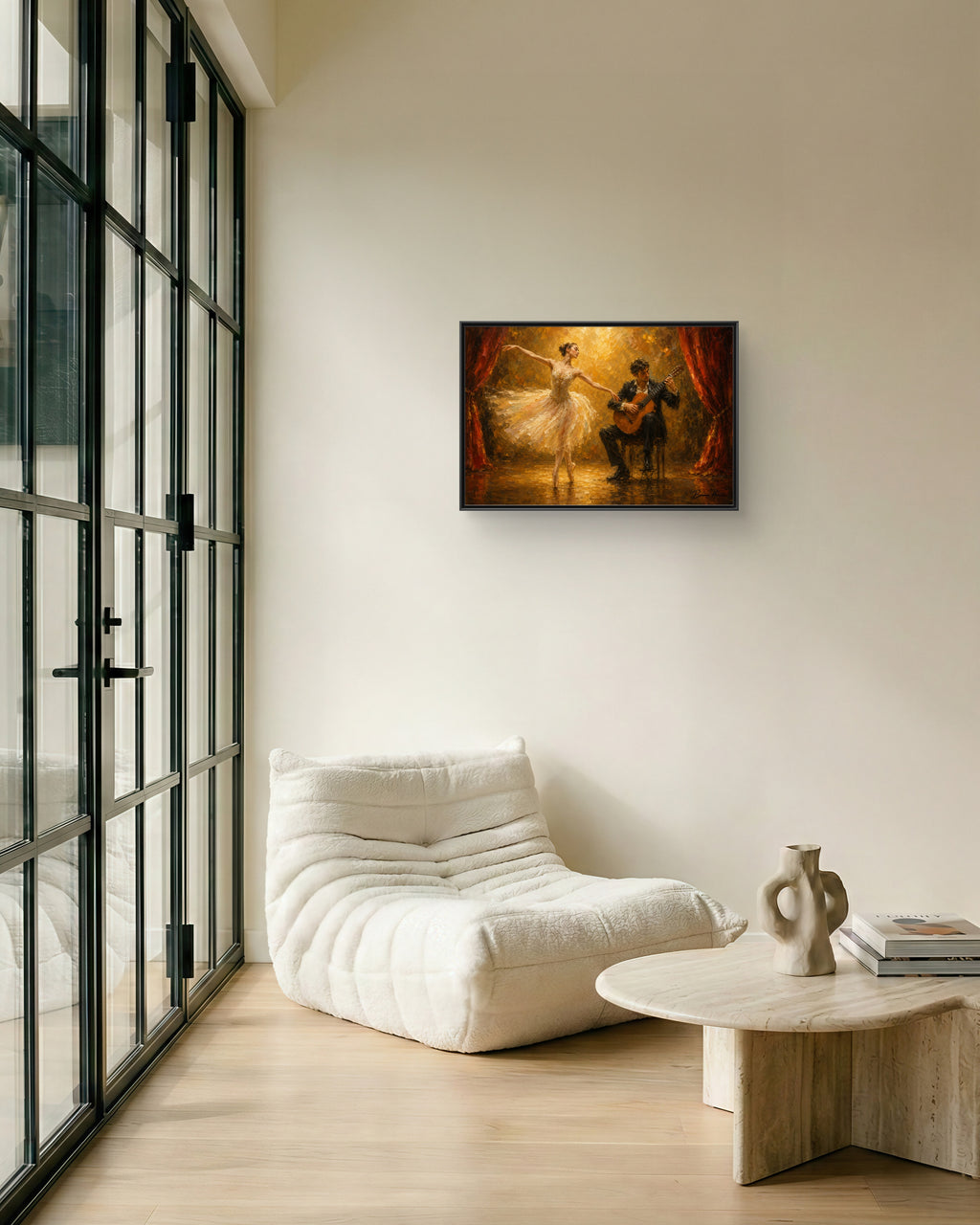 Ballet Dancer & Guitarist Framed Canvas Wall Art — Oil-Style Performance Print