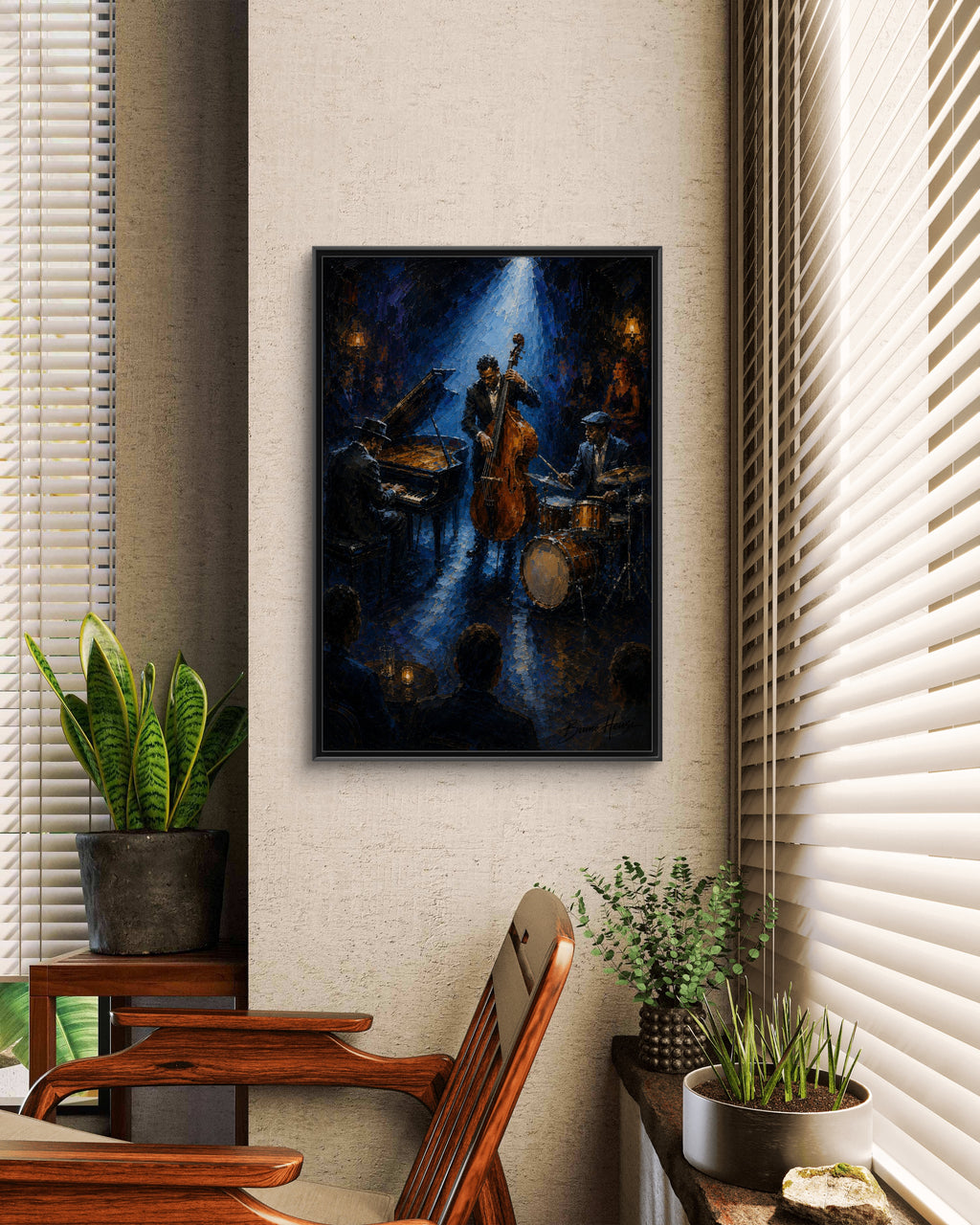 Framed Jazz Quartet Canvas Wall Art – Moody Blue Music Scene