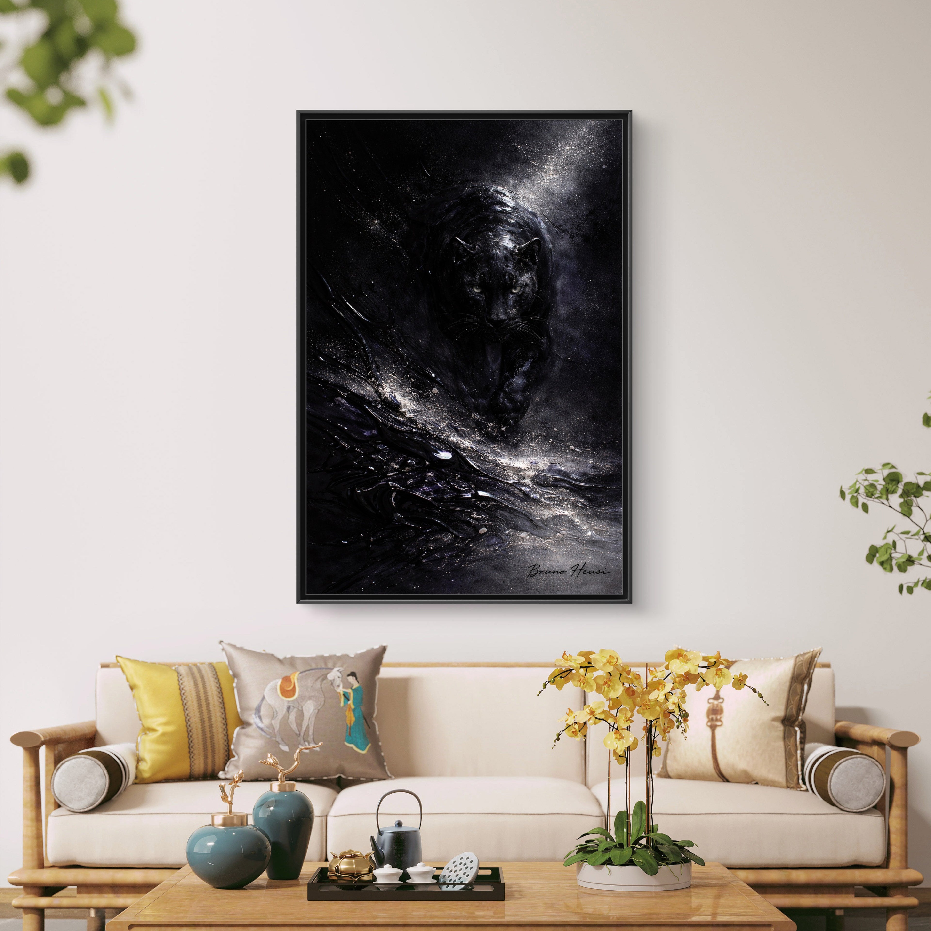 Cosmic Black Panther Matte Framed Canvas – Dark Abstract Wildlife Wall Art