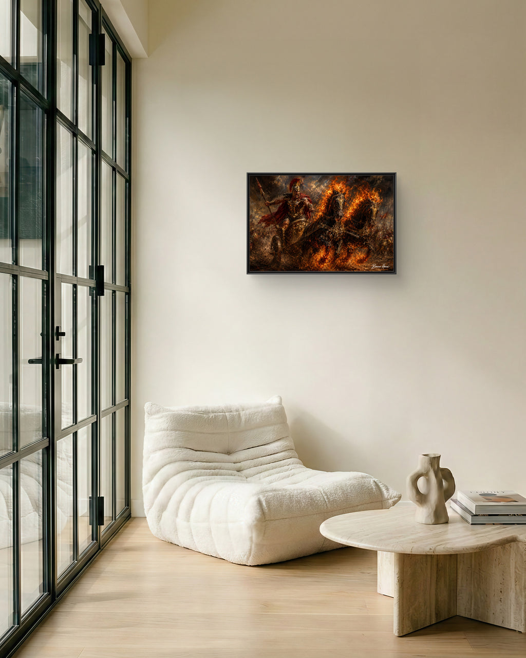 Flaming Chariot Framed Canvas Wall Art — Mythic Warrior Matte Print