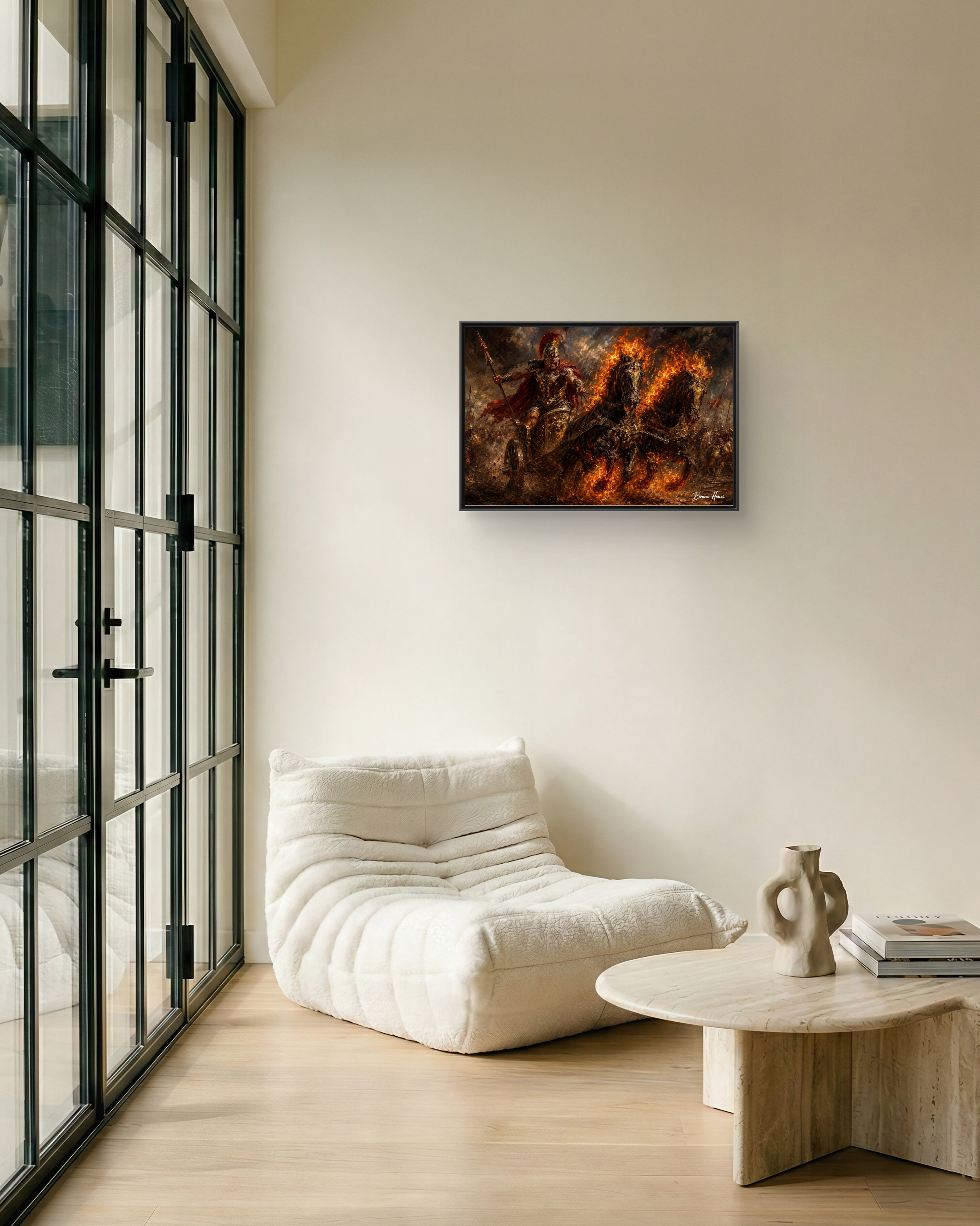 Flaming Chariot Framed Canvas Wall Art — Mythic Warrior Matte Print
