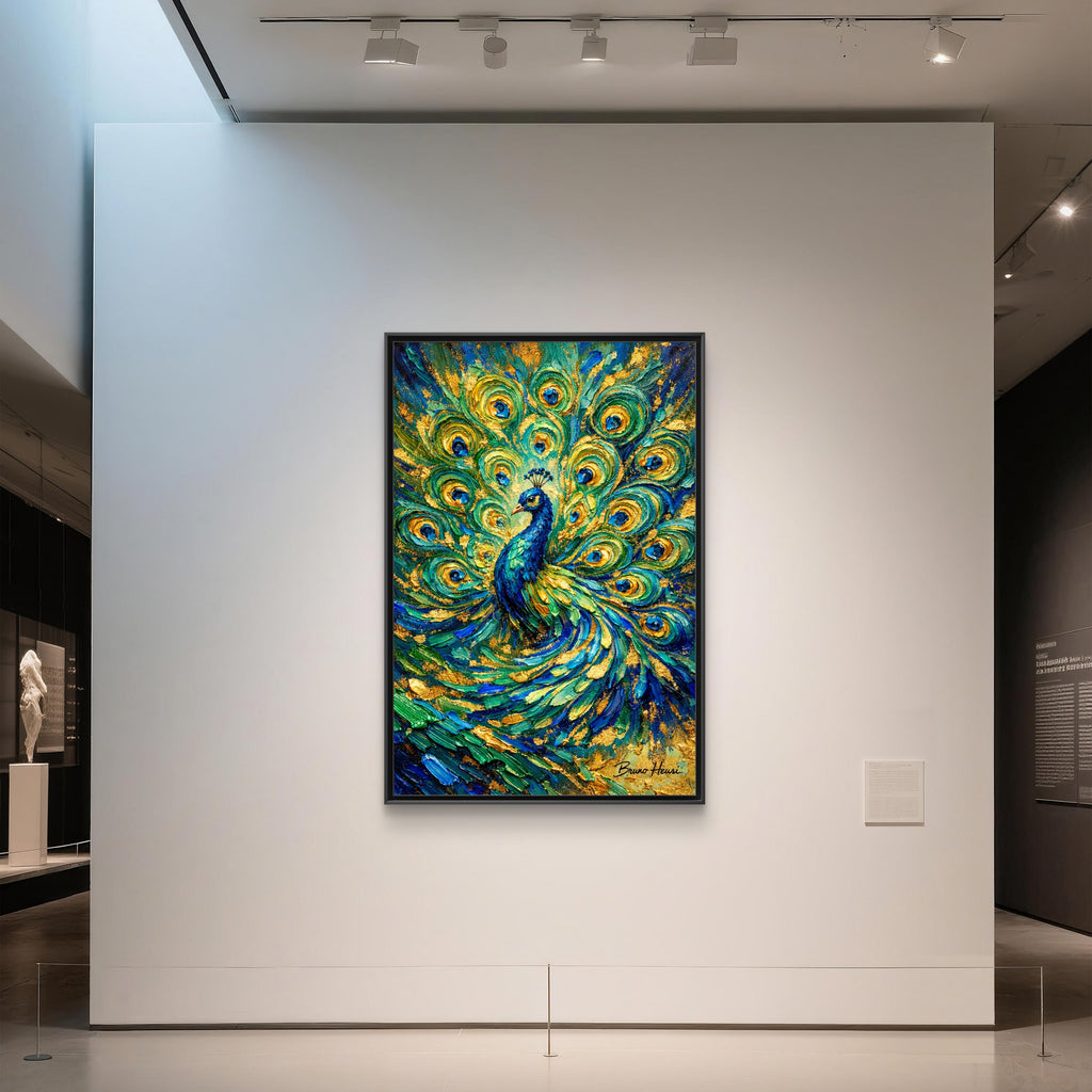 Peacock Oil-Style Framed Canvas Wall Art — Vibrant Blue & Gold Peacock Painting
