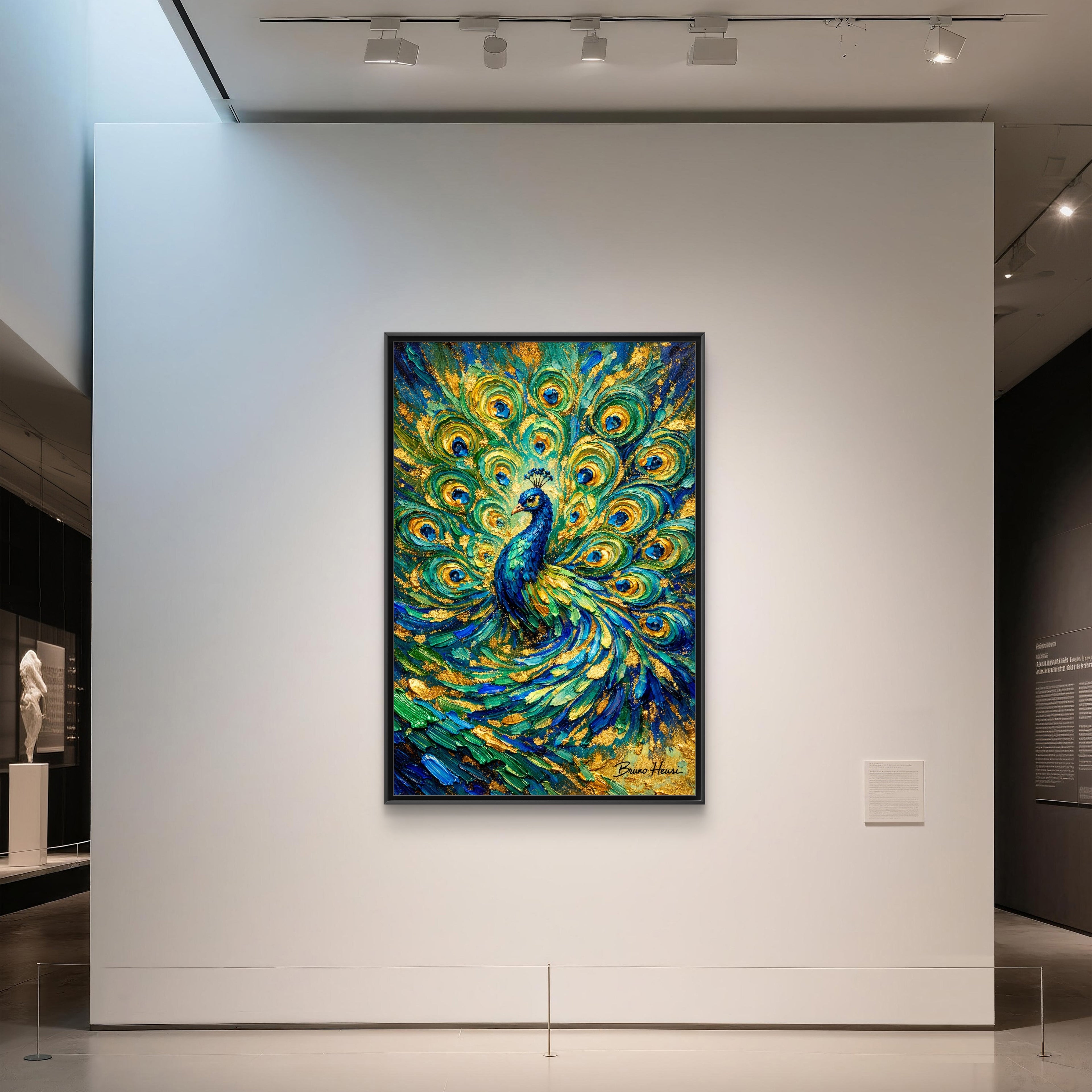 Peacock Oil-Style Framed Canvas Wall Art — Vibrant Blue & Gold Peacock Painting