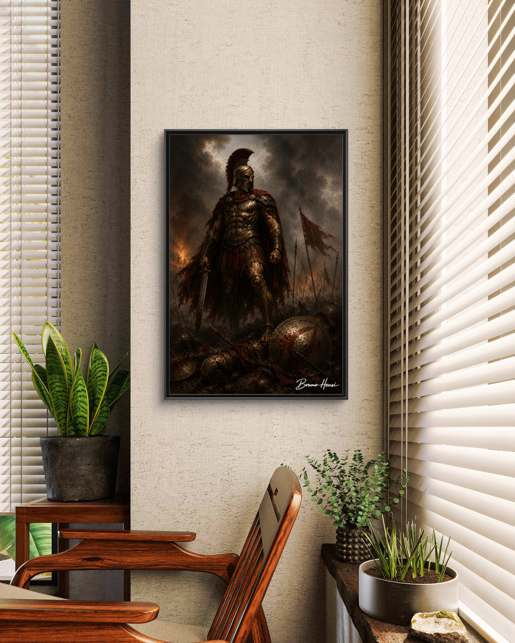 Framed Spartan Warrior Matte Canvas Print – Dramatic Ancient Battle Wall Art