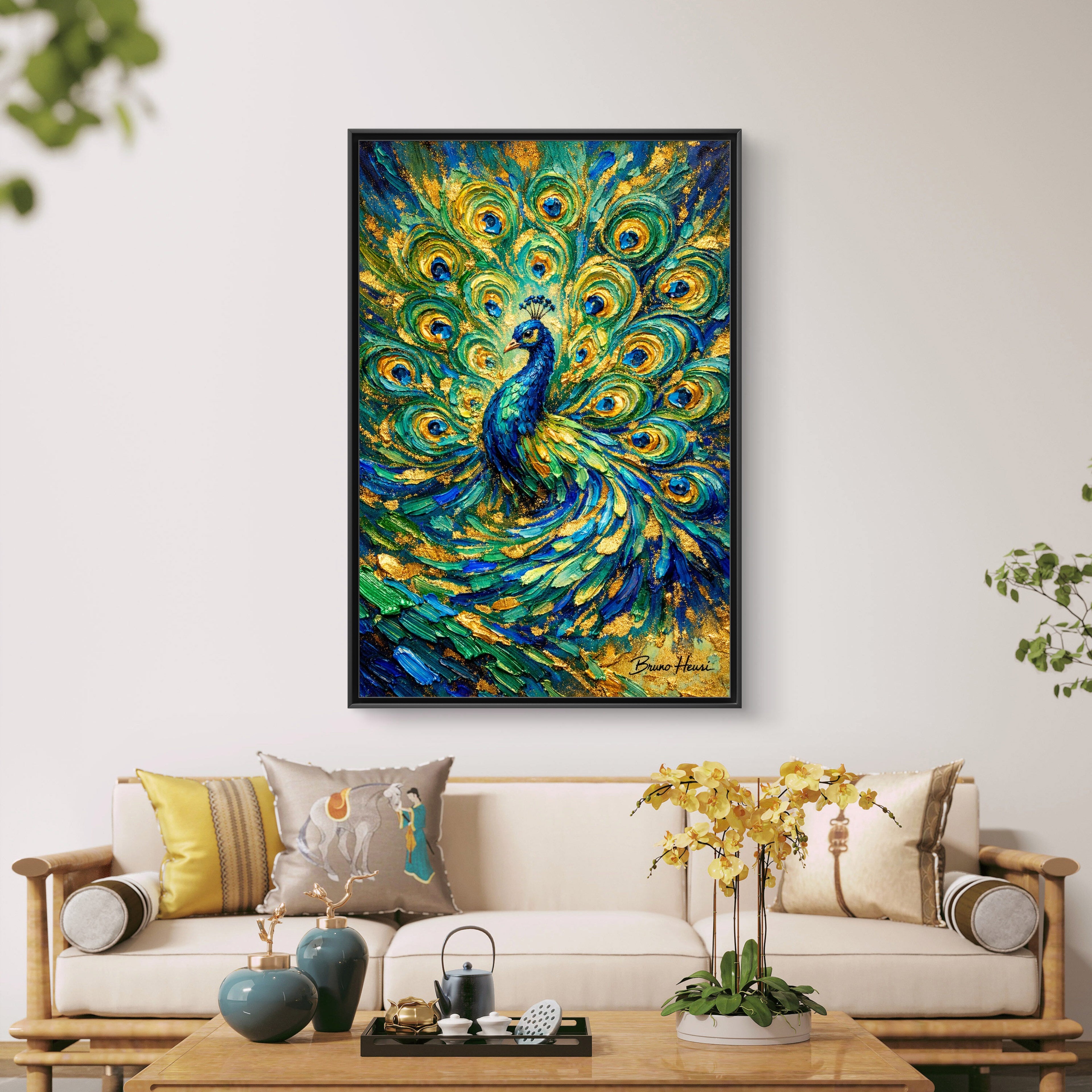 Peacock Oil-Style Framed Canvas Wall Art — Vibrant Blue & Gold Peacock Painting