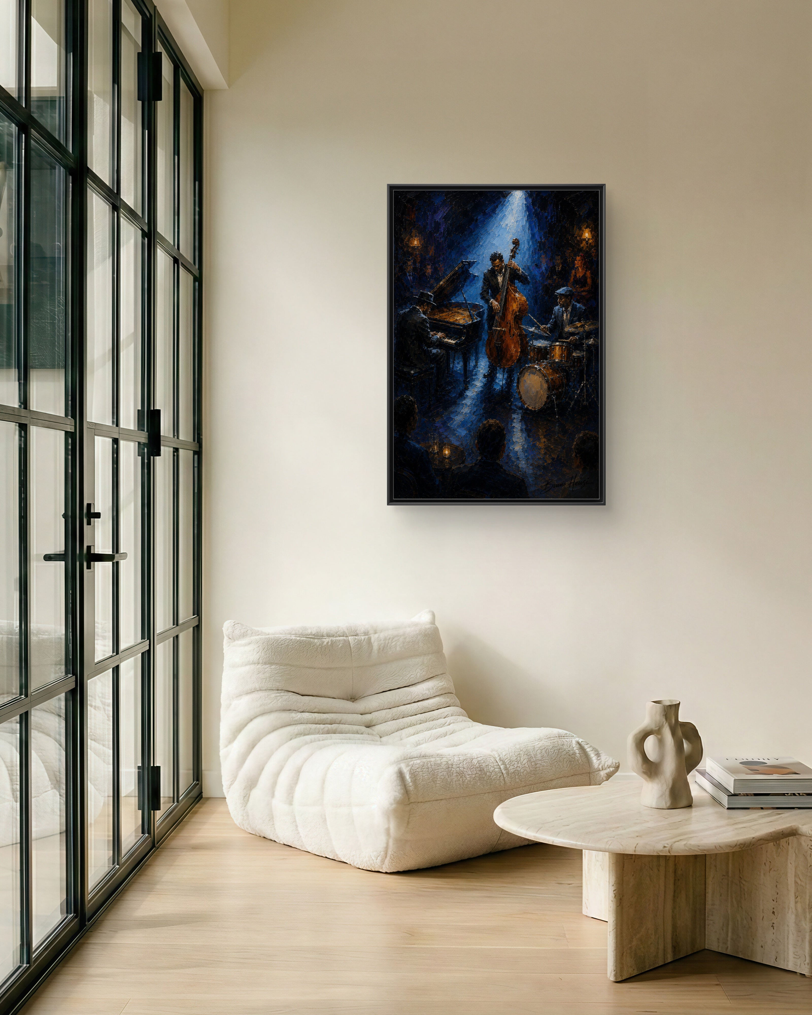 Framed Jazz Quartet Canvas Wall Art – Moody Blue Music Scene