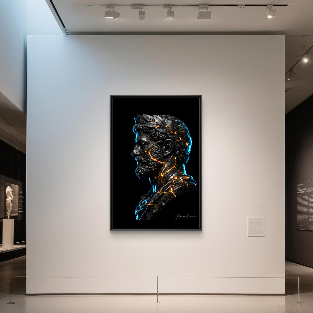 Roman Emperor Neon Bust Framed Canvas Wall Art — Modern Sculpture Print