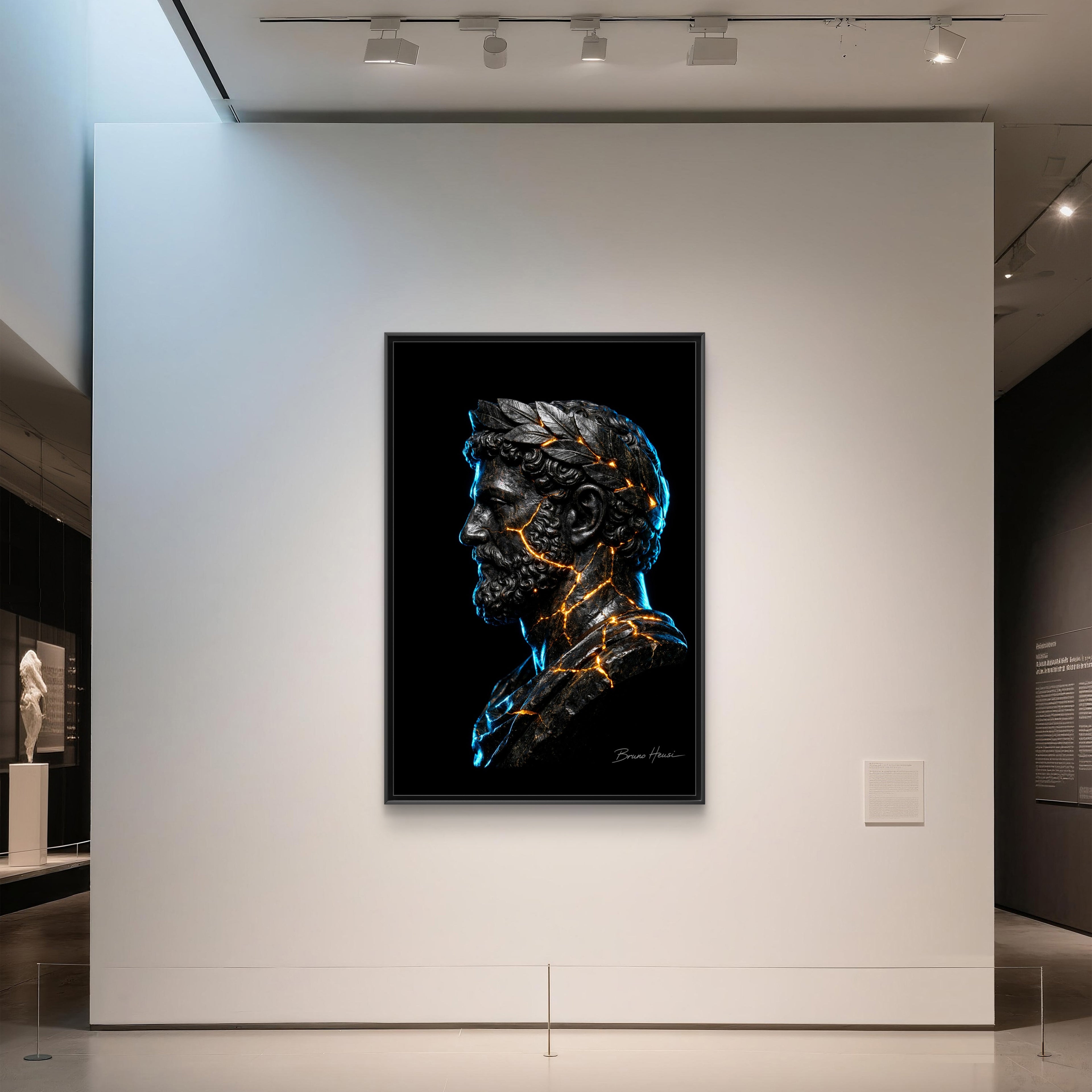 Roman Emperor Neon Bust Framed Canvas Wall Art — Modern Sculpture Print
