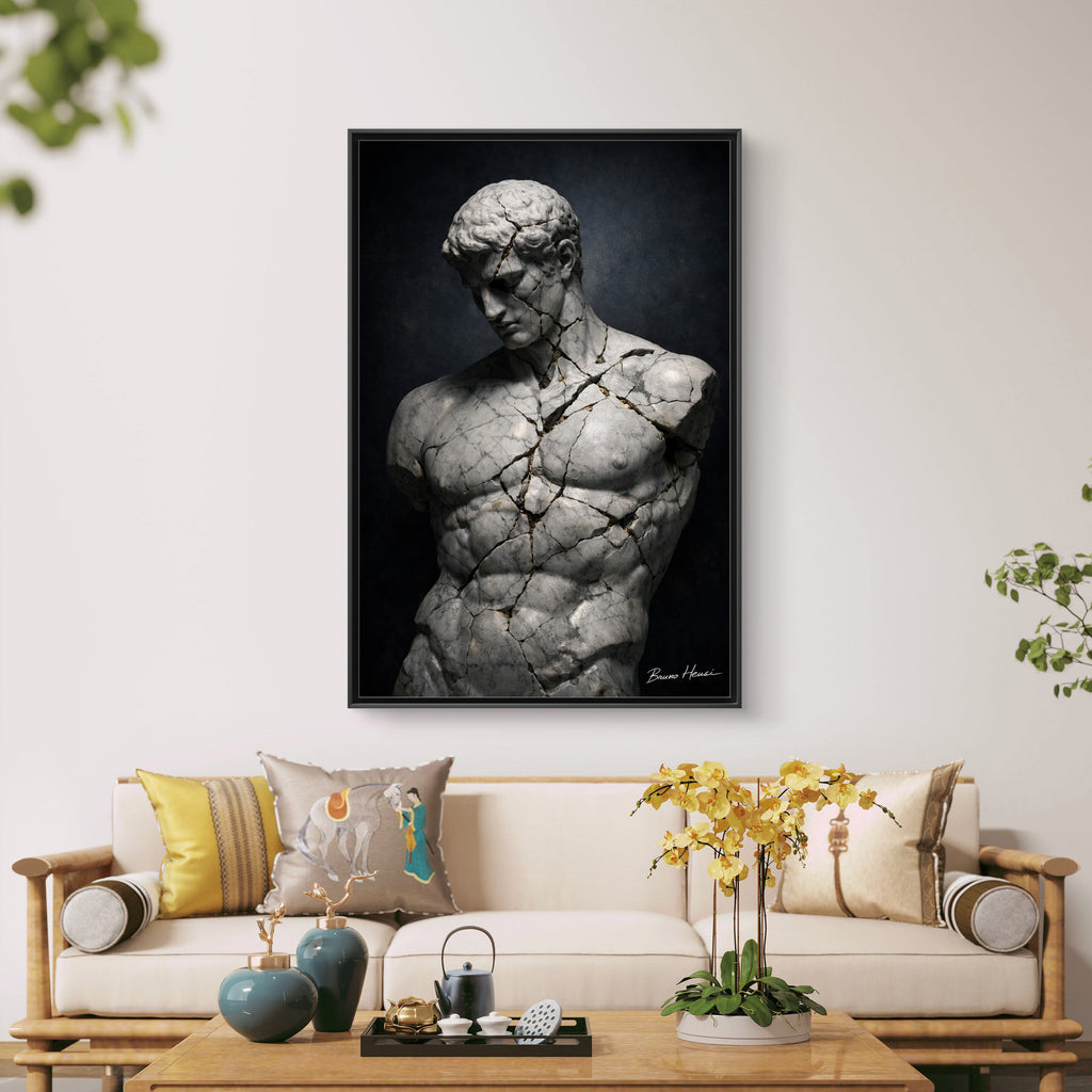 Cracked Marble Bust Framed Canvas Wall Art — Classical Sculpture Print