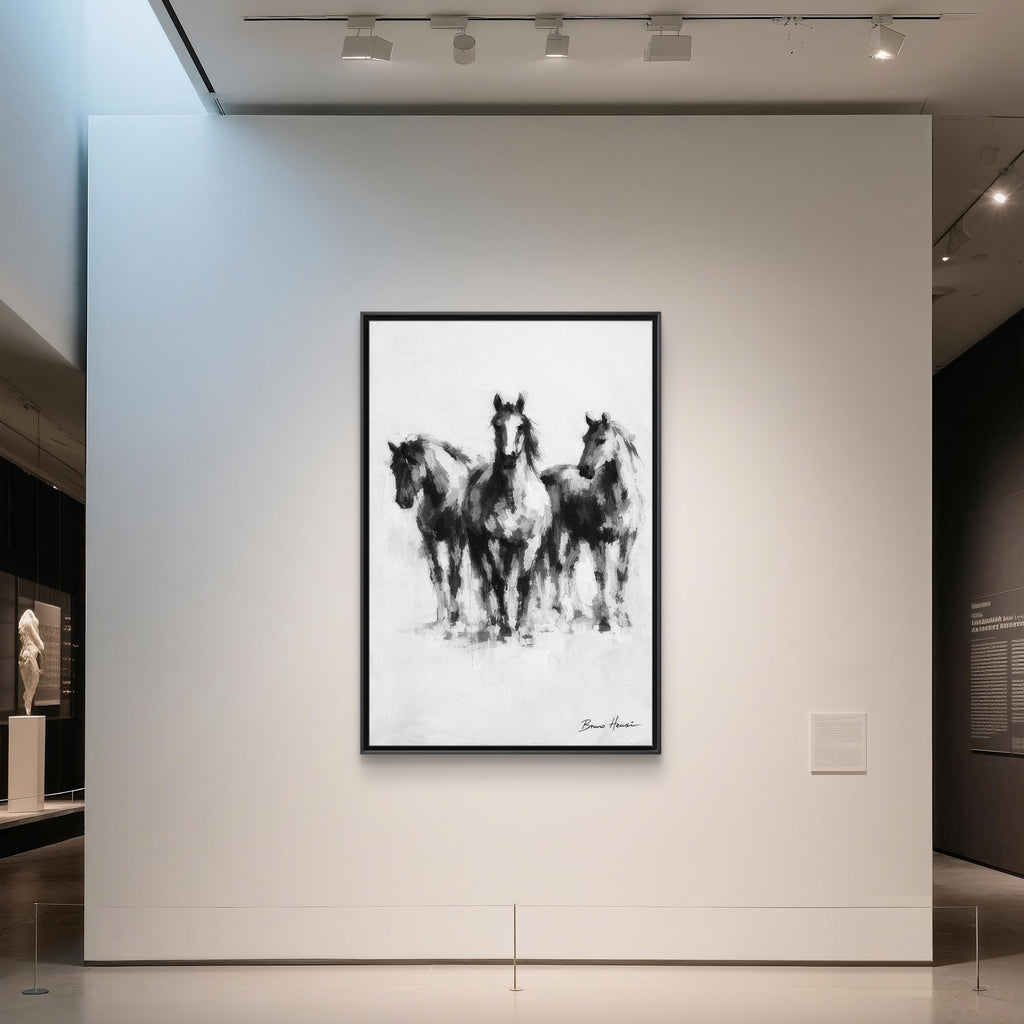 Framed Matte Canvas Print – Three Galloping Horses Black & White Wall Art