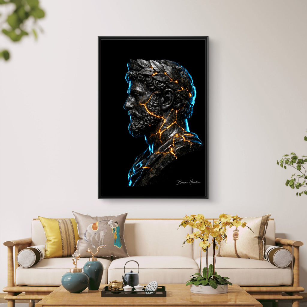 Roman Emperor Neon Bust Framed Canvas Wall Art — Modern Sculpture Print