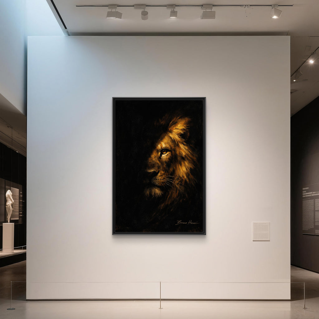 Majestic Lion Portrait Framed Canvas Wall Art — Golden Mane on Black Matte Print