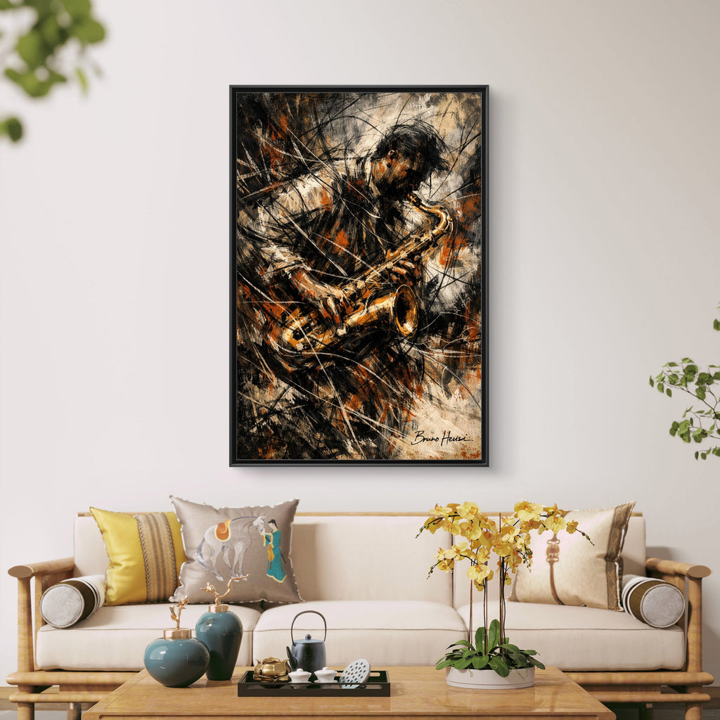 Saxophone Jazz Musician Framed Canvas Wall Art — Abstract Music Print