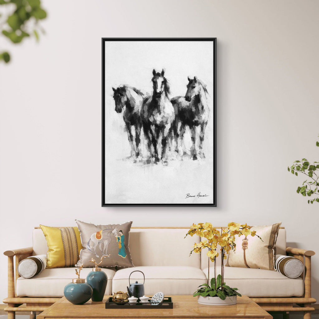Framed Matte Canvas Print – Three Galloping Horses Black & White Wall Art