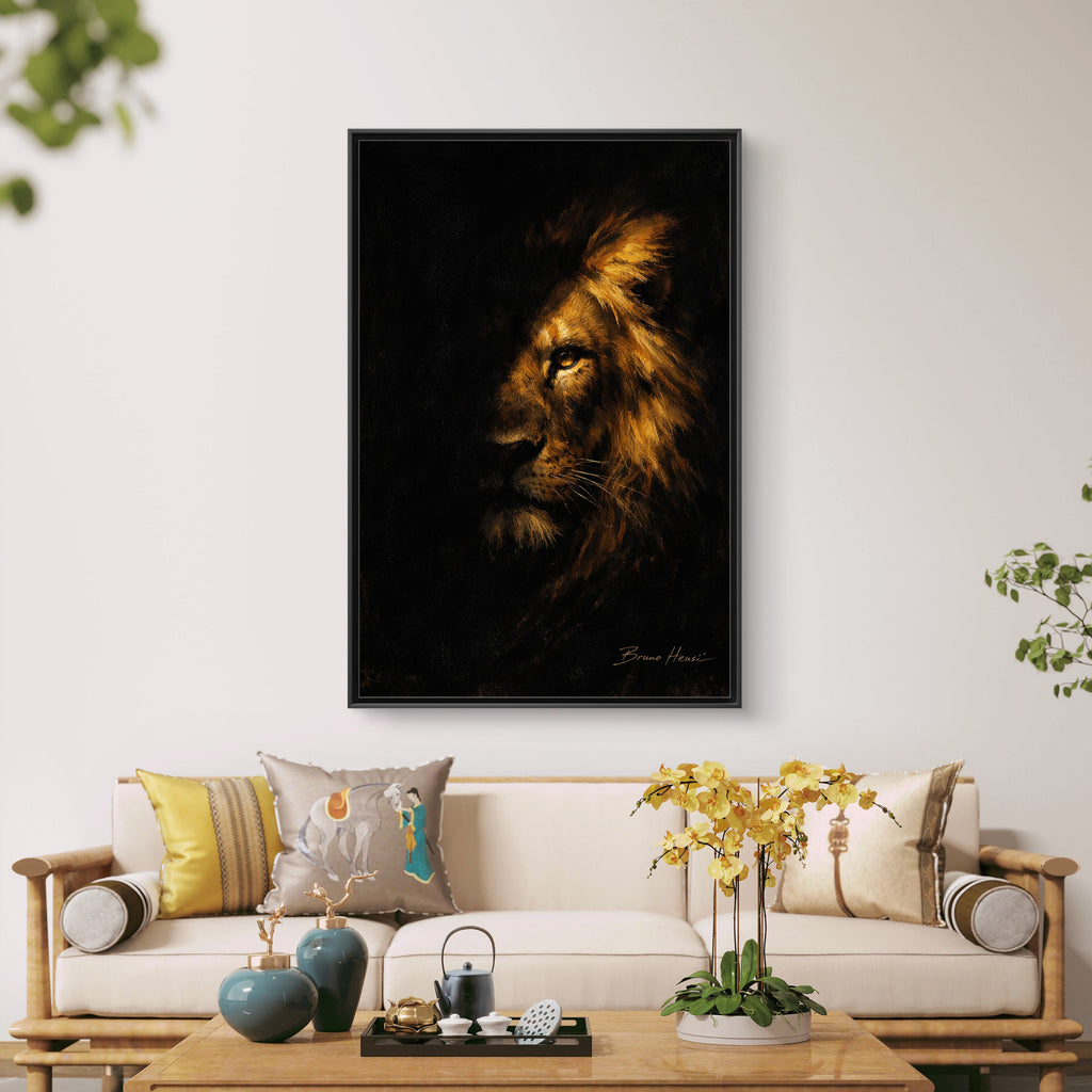 Majestic Lion Portrait Framed Canvas Wall Art — Golden Mane on Black Matte Print