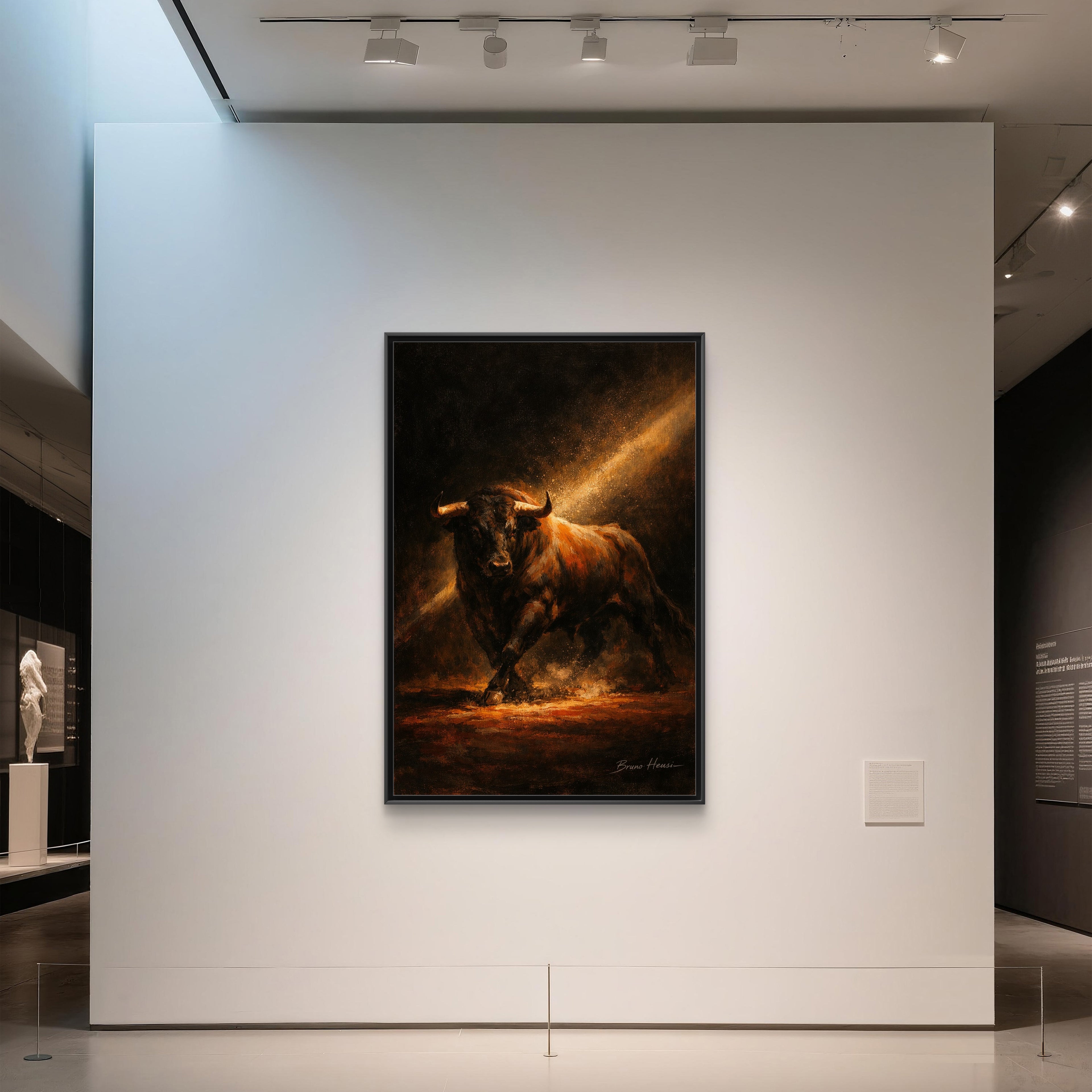 Framed Matte Canvas Art - Dramatic Charging Bull Painting