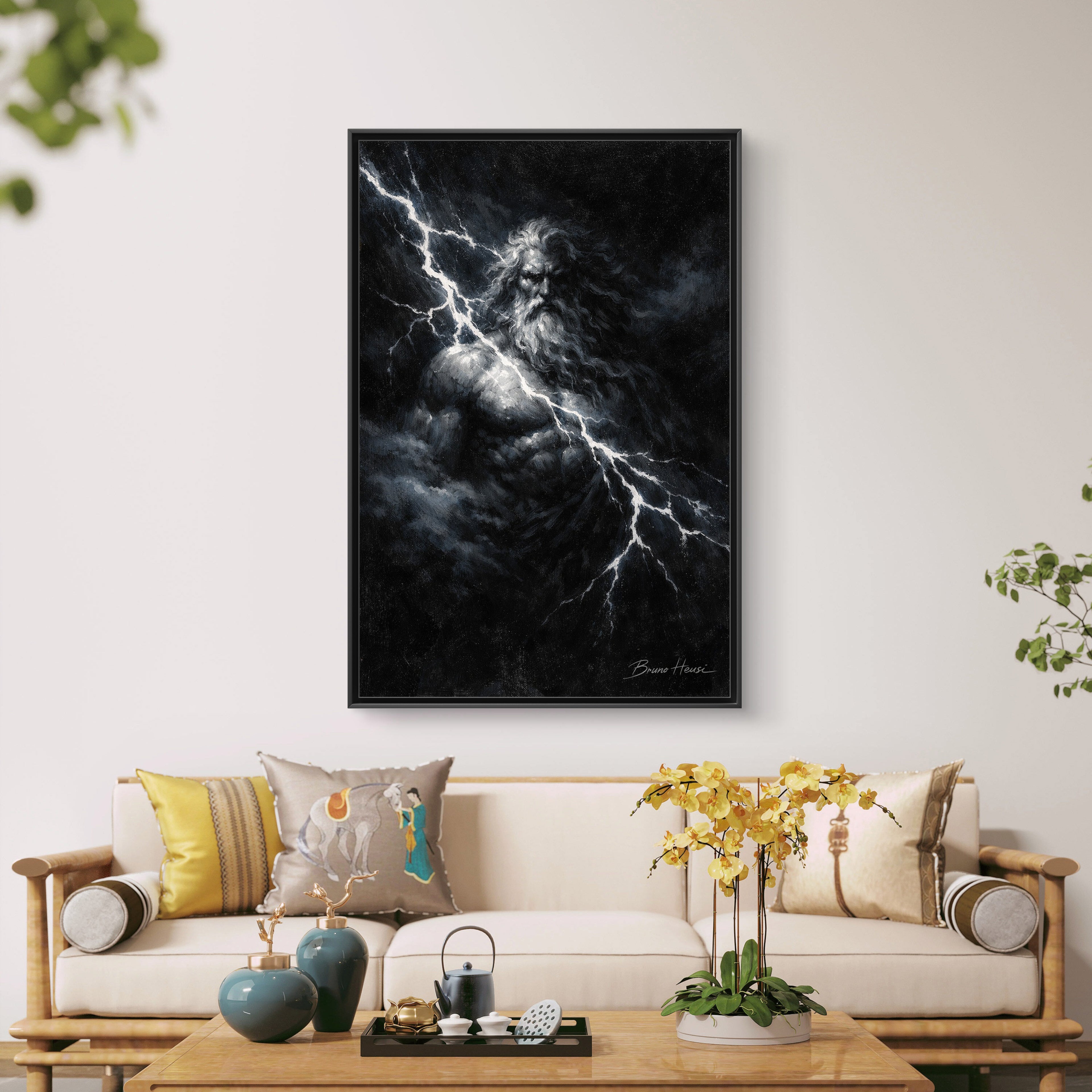 Zeus Lightning God Framed Canvas Wall Art — Stormy Mythology Print