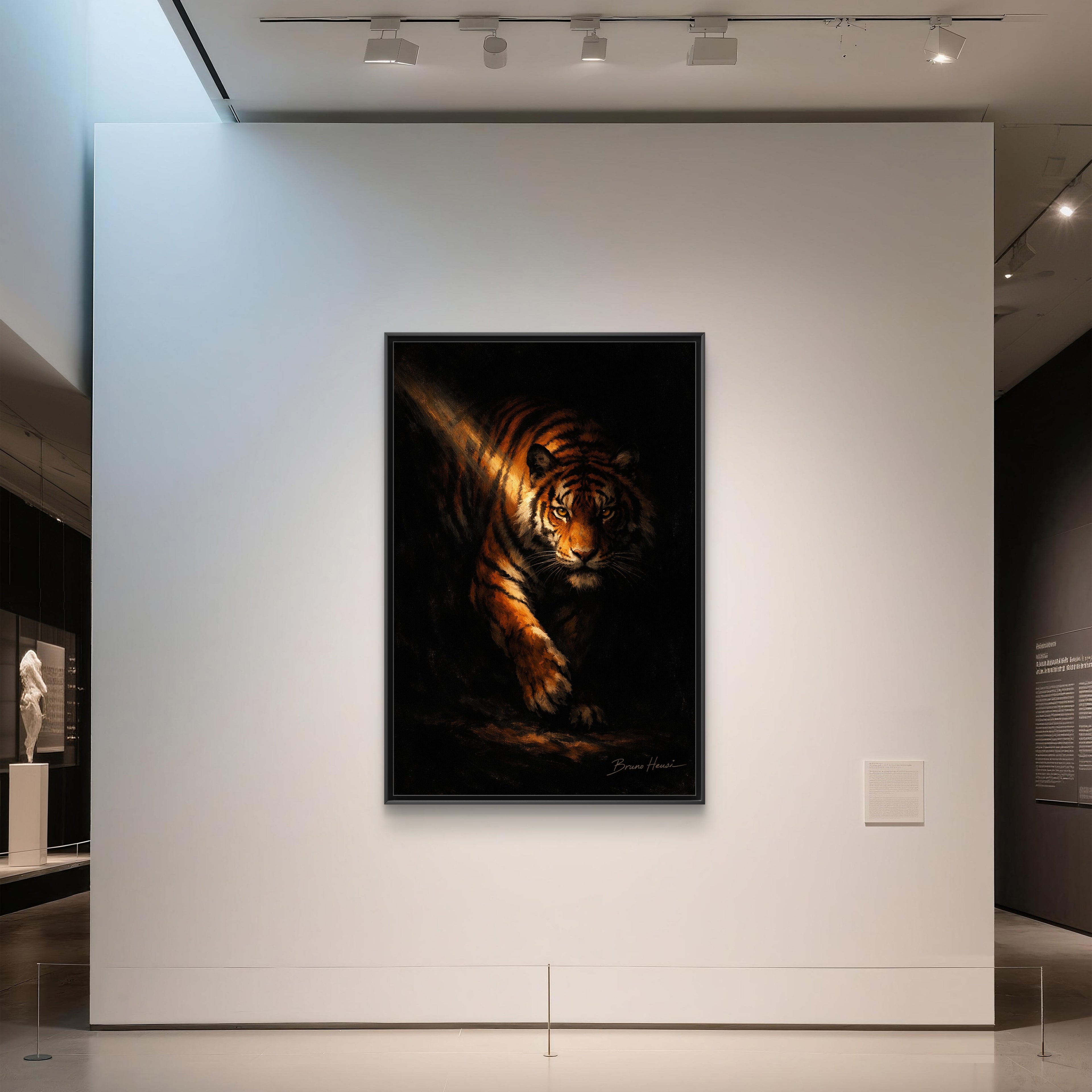 Tiger in the Shadows Matte Framed Canvas Print — Dramatic Wildlife Wall Art