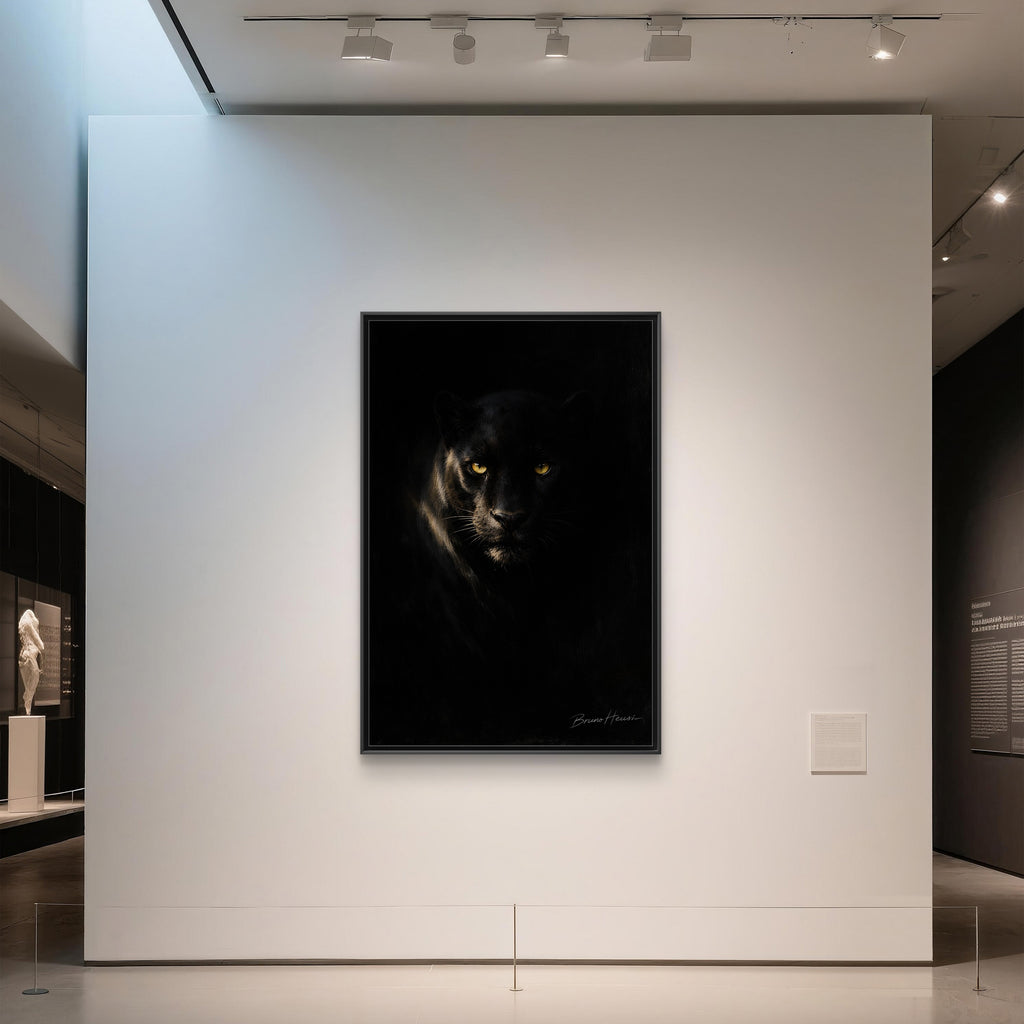 Framed Matte Canvas - Black Panther Wall Art with Golden Eyes