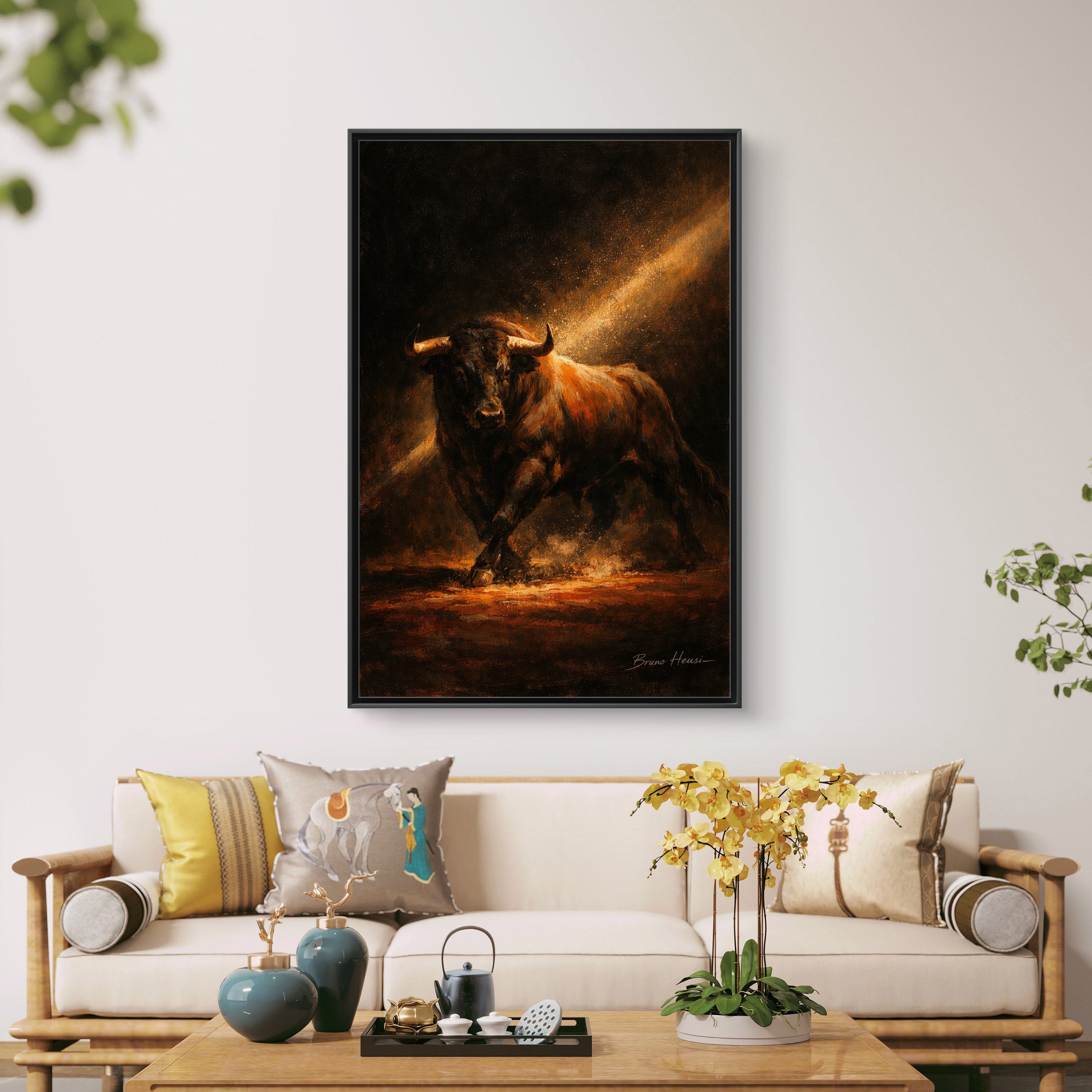 Framed Matte Canvas Art - Dramatic Charging Bull Painting