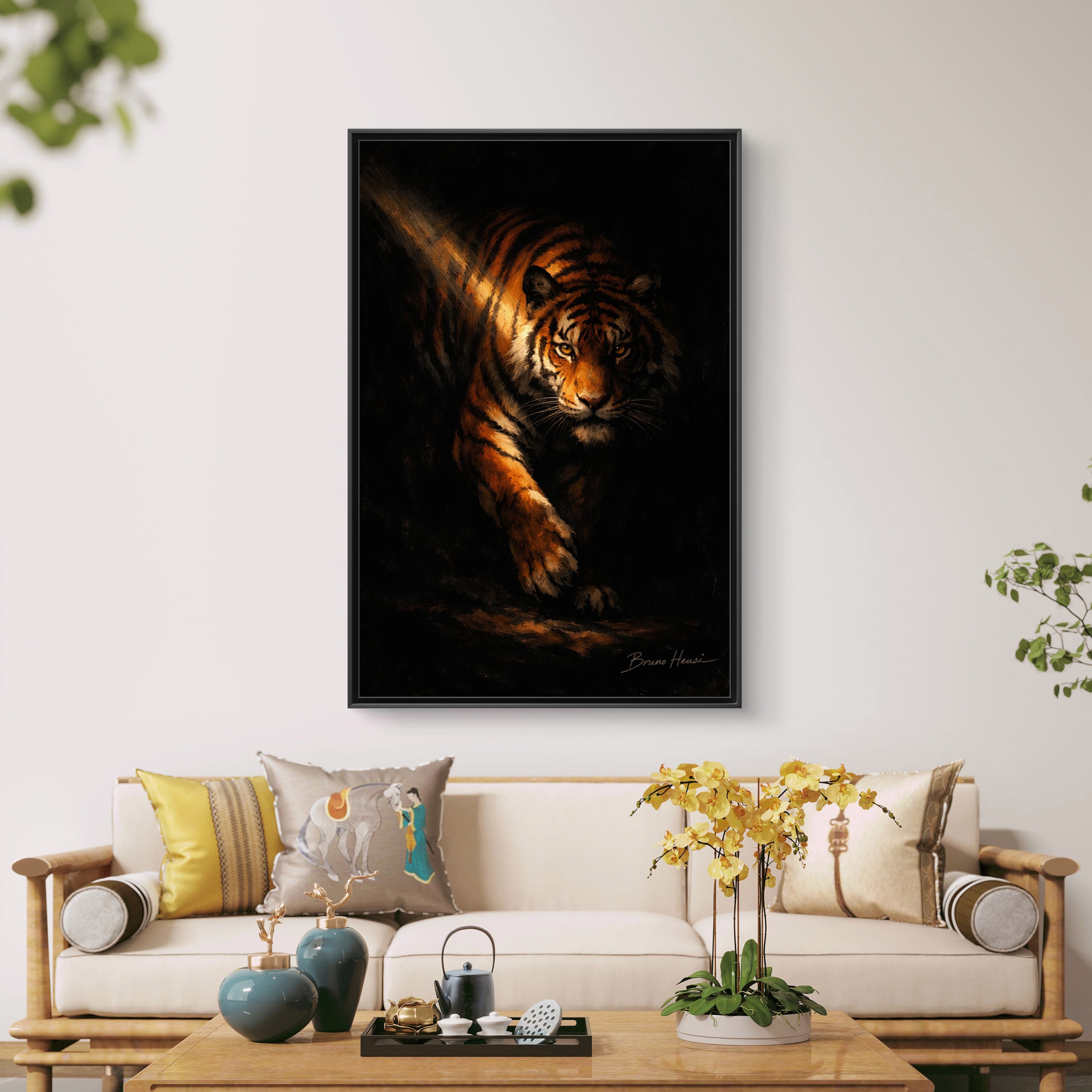Tiger in the Shadows Matte Framed Canvas Print — Dramatic Wildlife Wall Art
