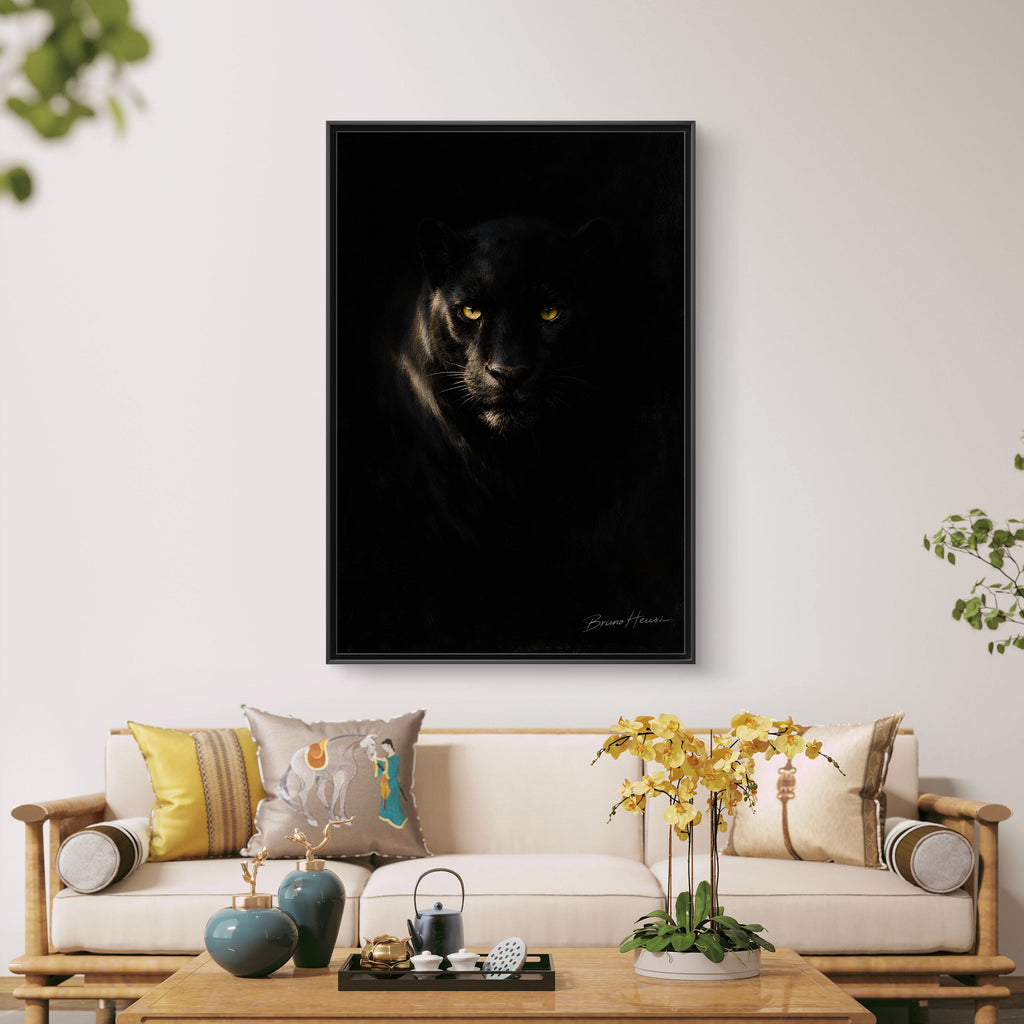 Framed Matte Canvas - Black Panther Wall Art with Golden Eyes