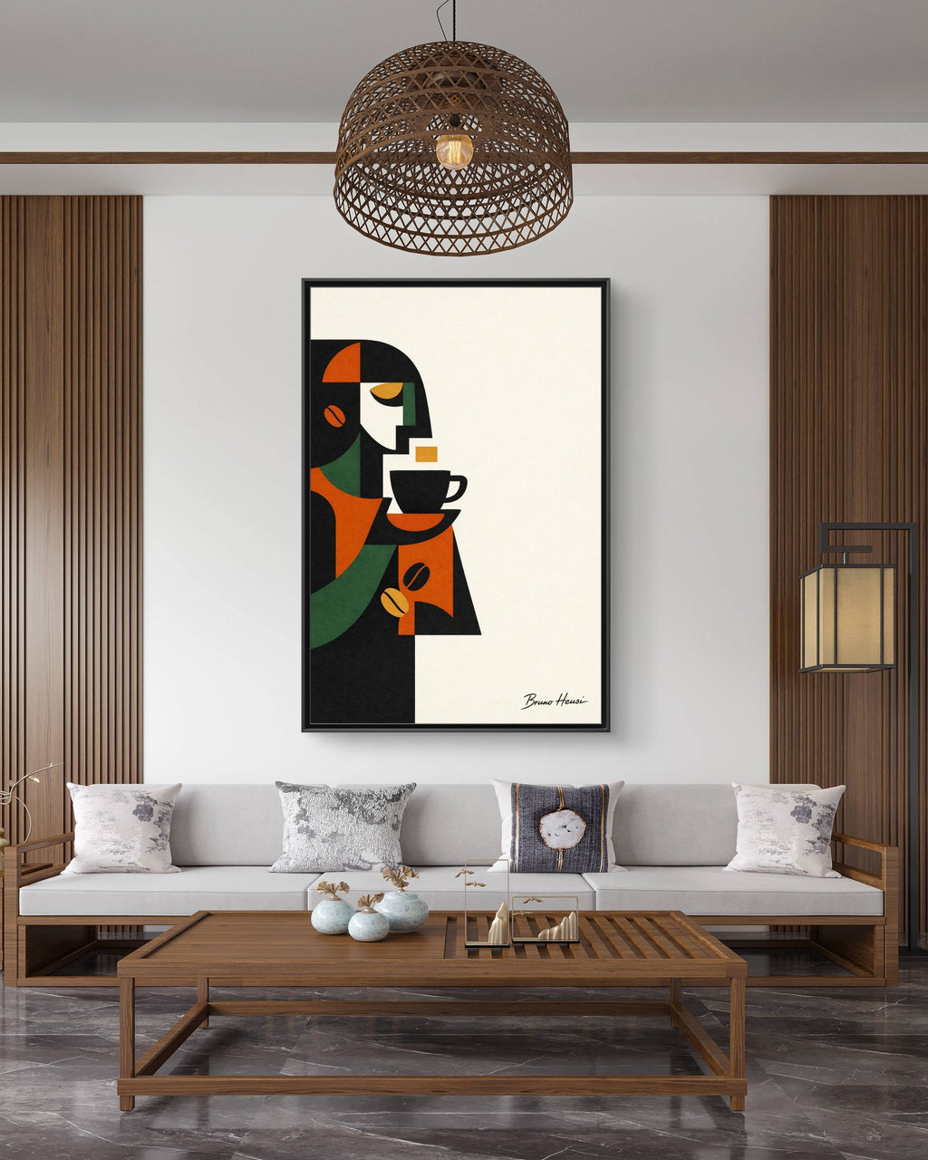 Abstract Coffee Drinker Framed Canvas Print — Modern Café Wall Art