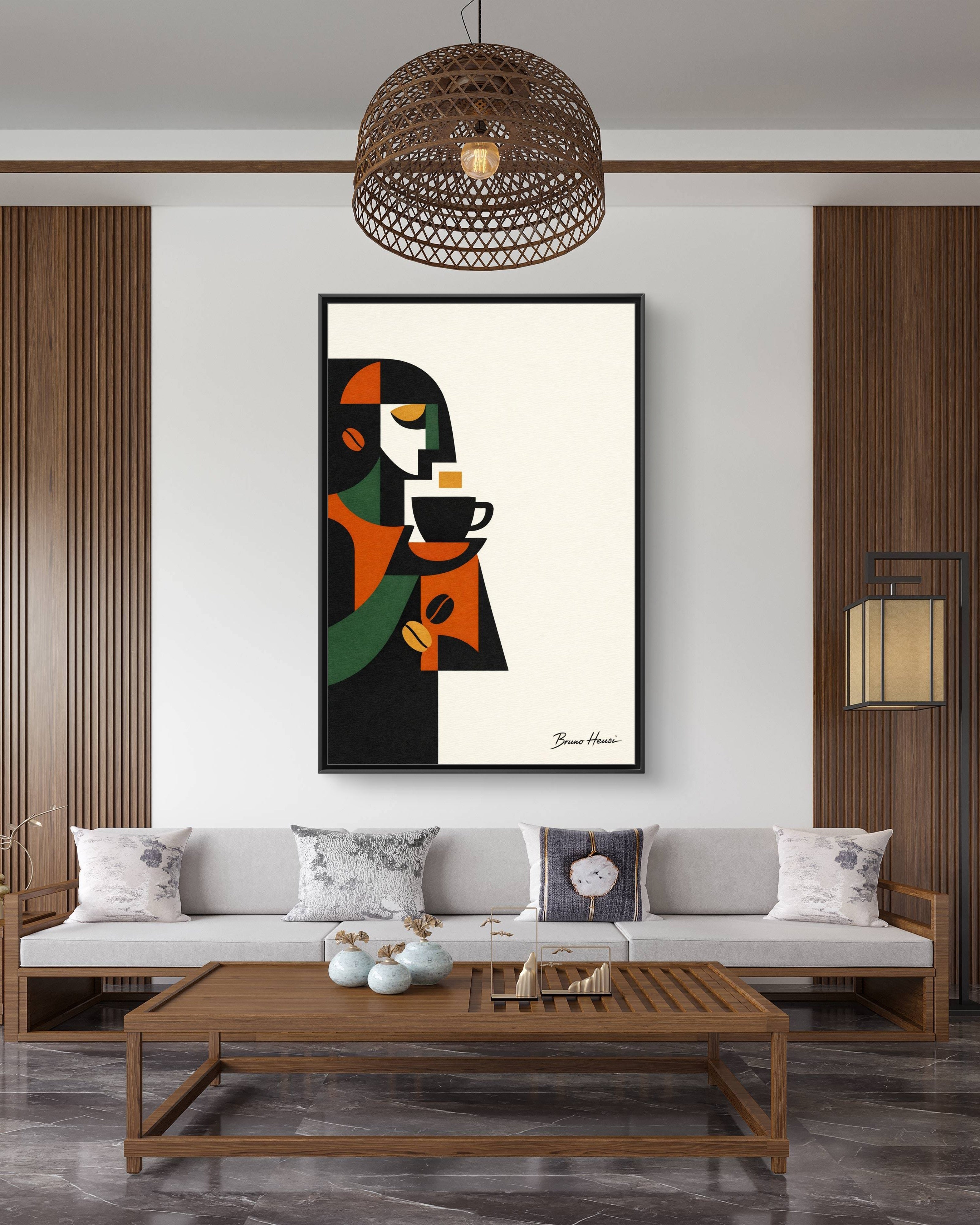 Abstract Coffee Drinker Framed Canvas Print — Modern Café Wall Art