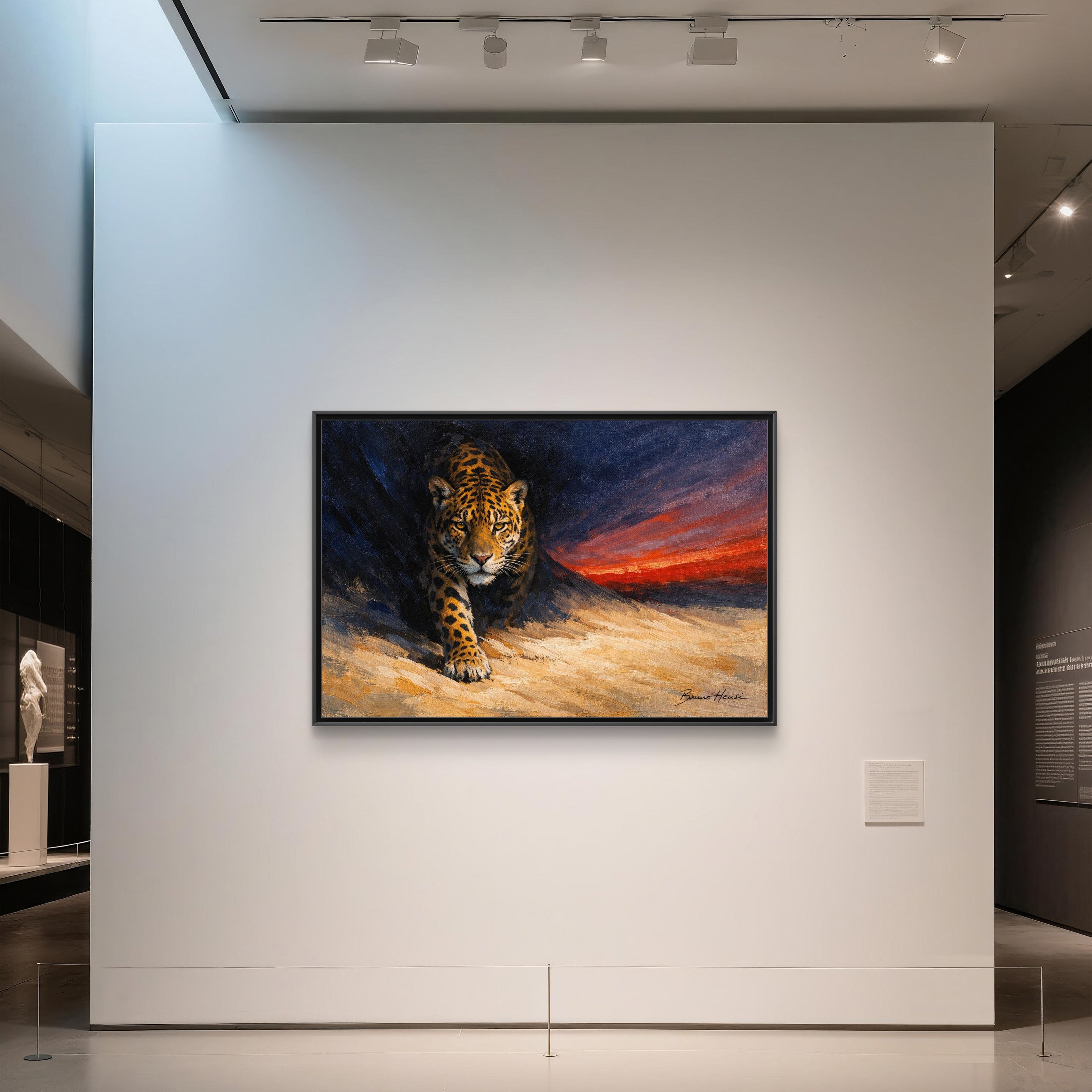Framed Jaguar Canvas Art – Majestic Big Cat Painting with Sunset Sky
