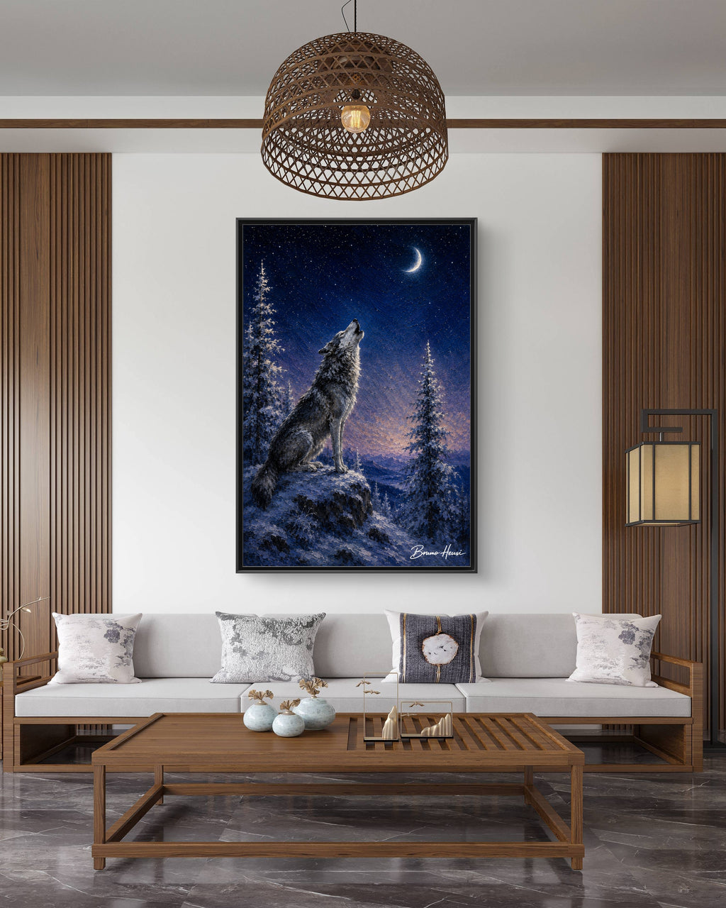 Howling Wolf Moon Framed Canvas Art - Matte Multi-Color Wilderness Print