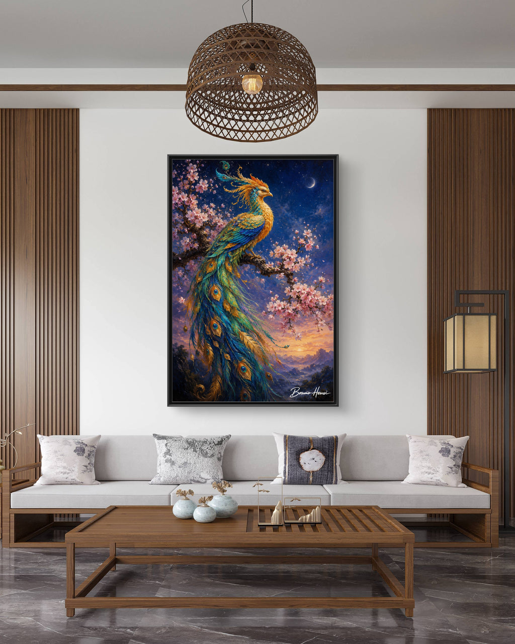 Framed Peacock Canvas Wall Art — Vibrant Fantasy Bird Print