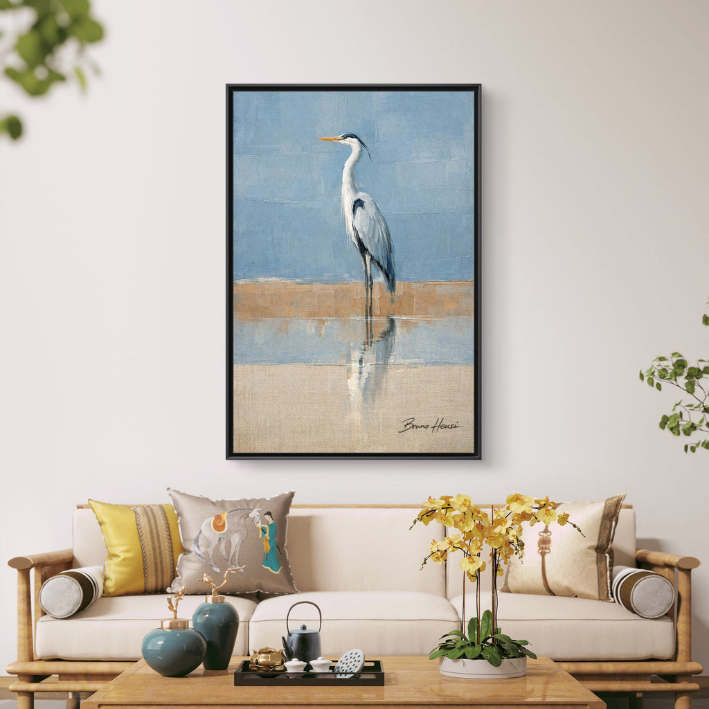 Framed Heron Canvas Art – Coastal Shorebird Wall Decor