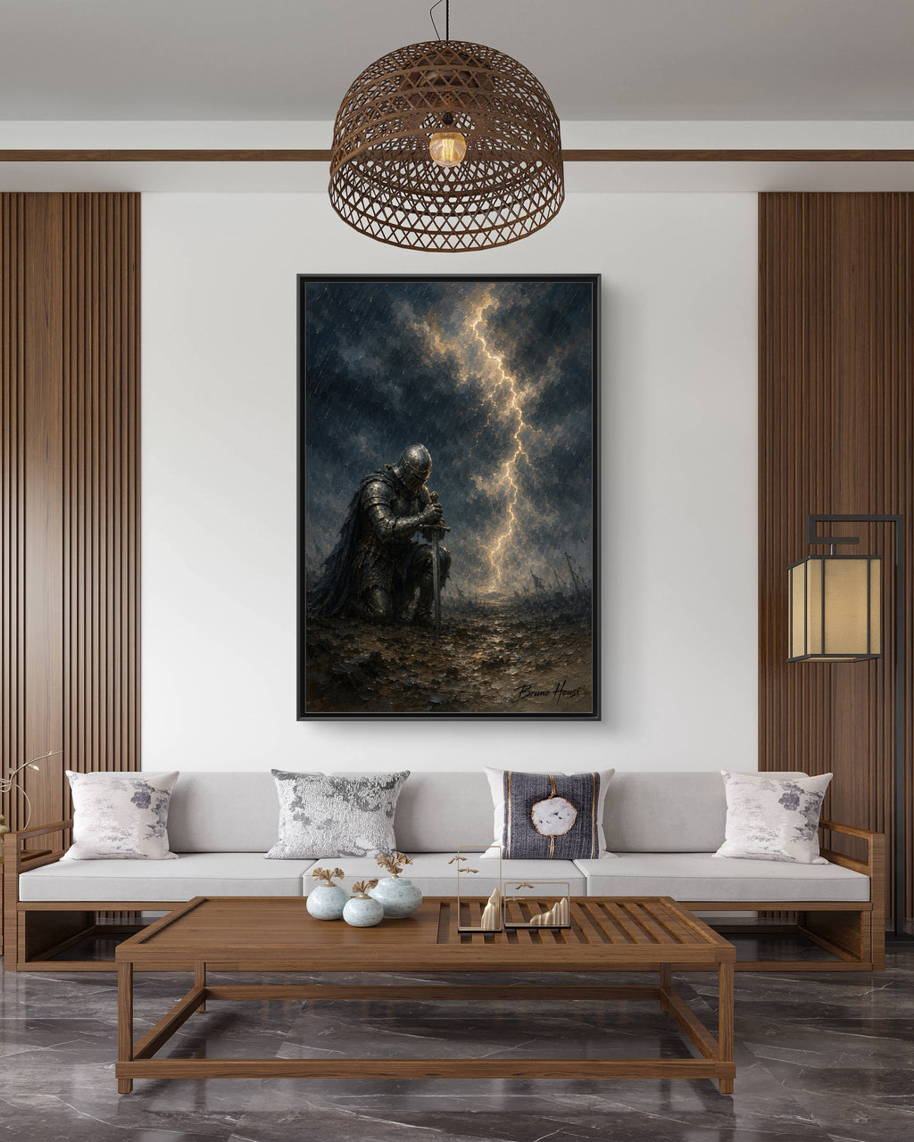 Knight in Thunderstorm Matte Framed Canvas — Dark Fantasy Wall Art