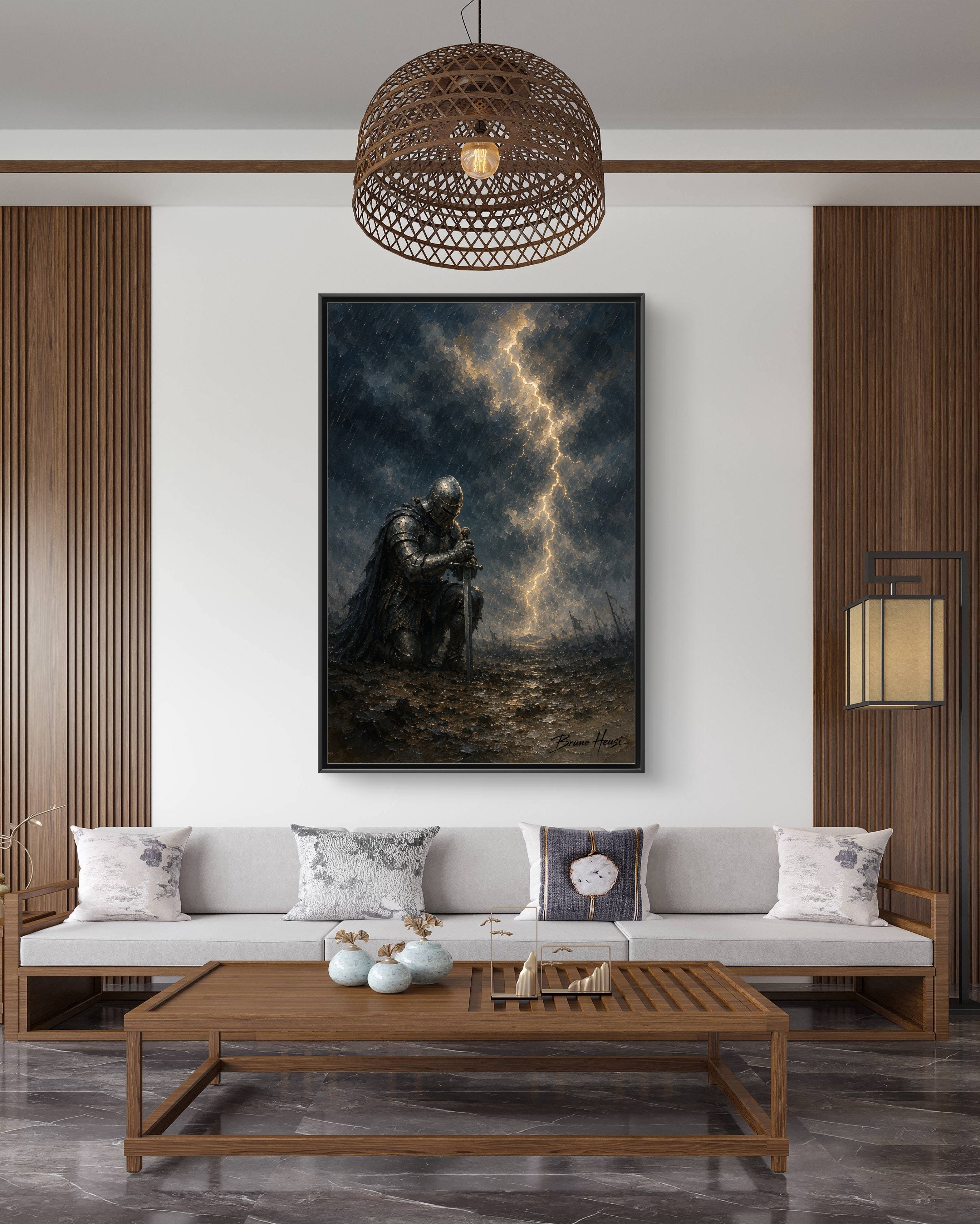 Knight in Thunderstorm Matte Framed Canvas — Dark Fantasy Wall Art