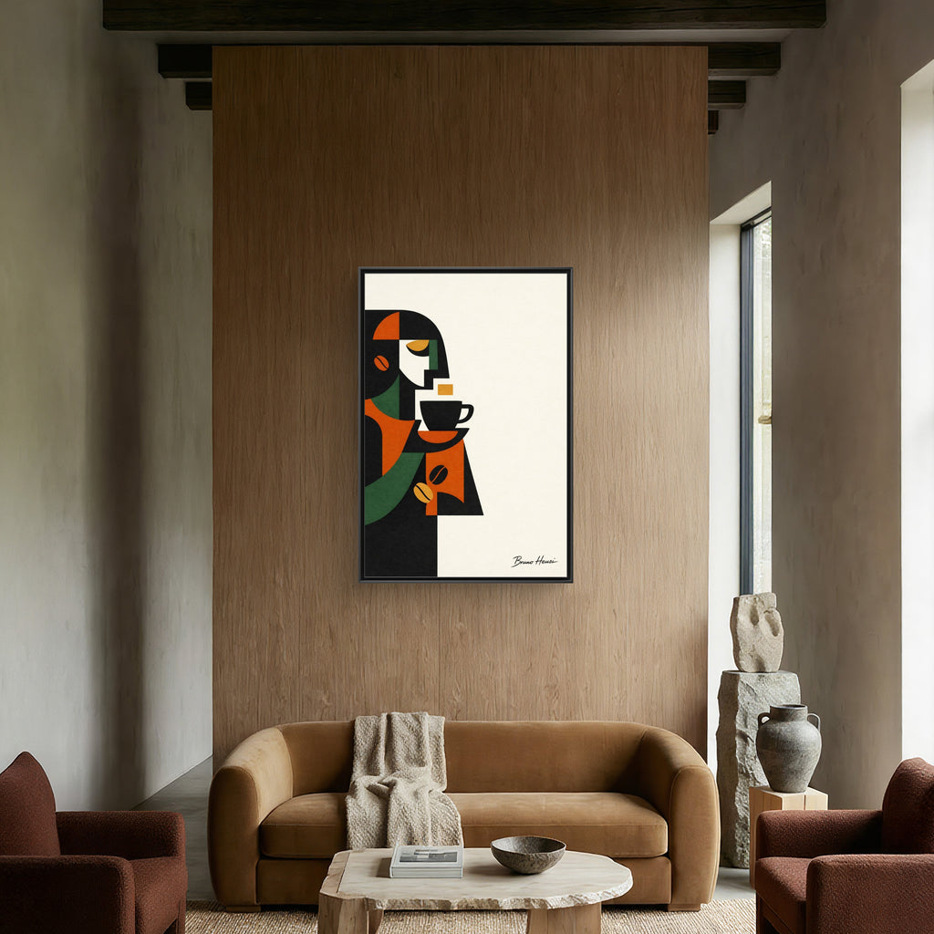 Abstract Coffee Drinker Framed Canvas Print — Modern Café Wall Art