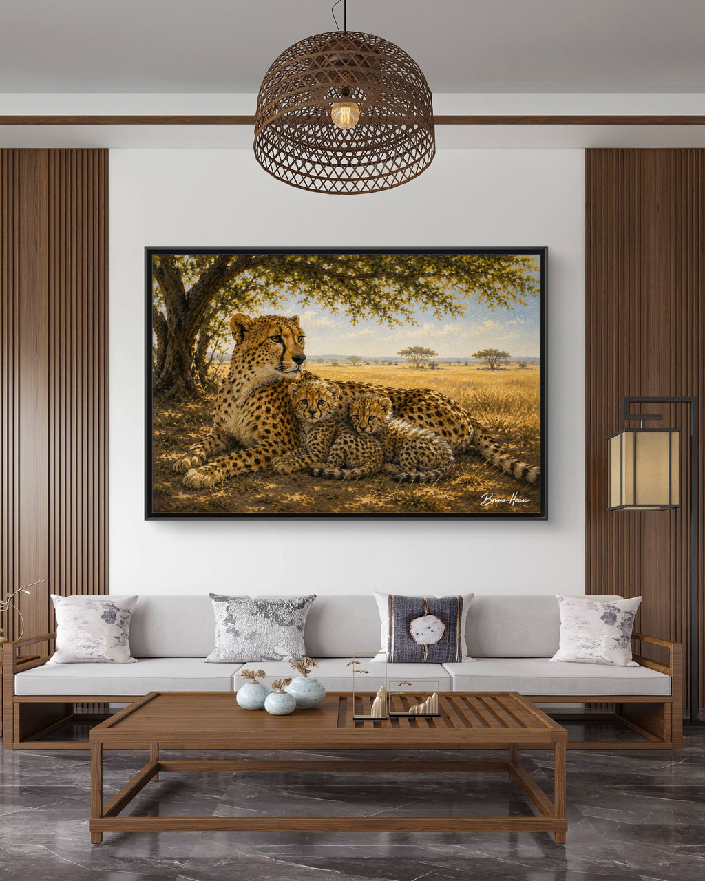 Cheetah Mother & Cubs Framed Canvas Wall Art – African Wildlife Safari Print