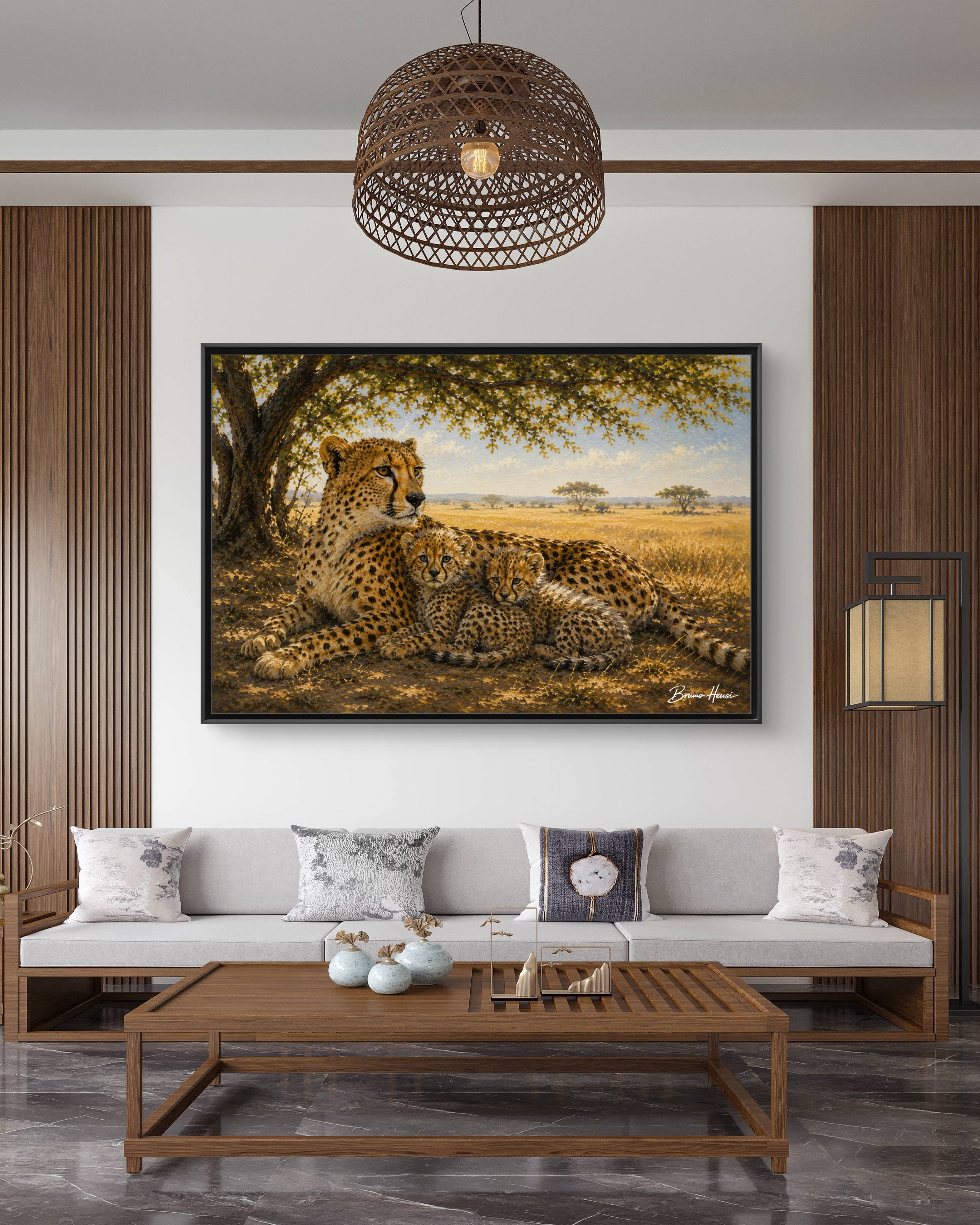 Cheetah Mother & Cubs Framed Canvas Wall Art – African Wildlife Safari Print