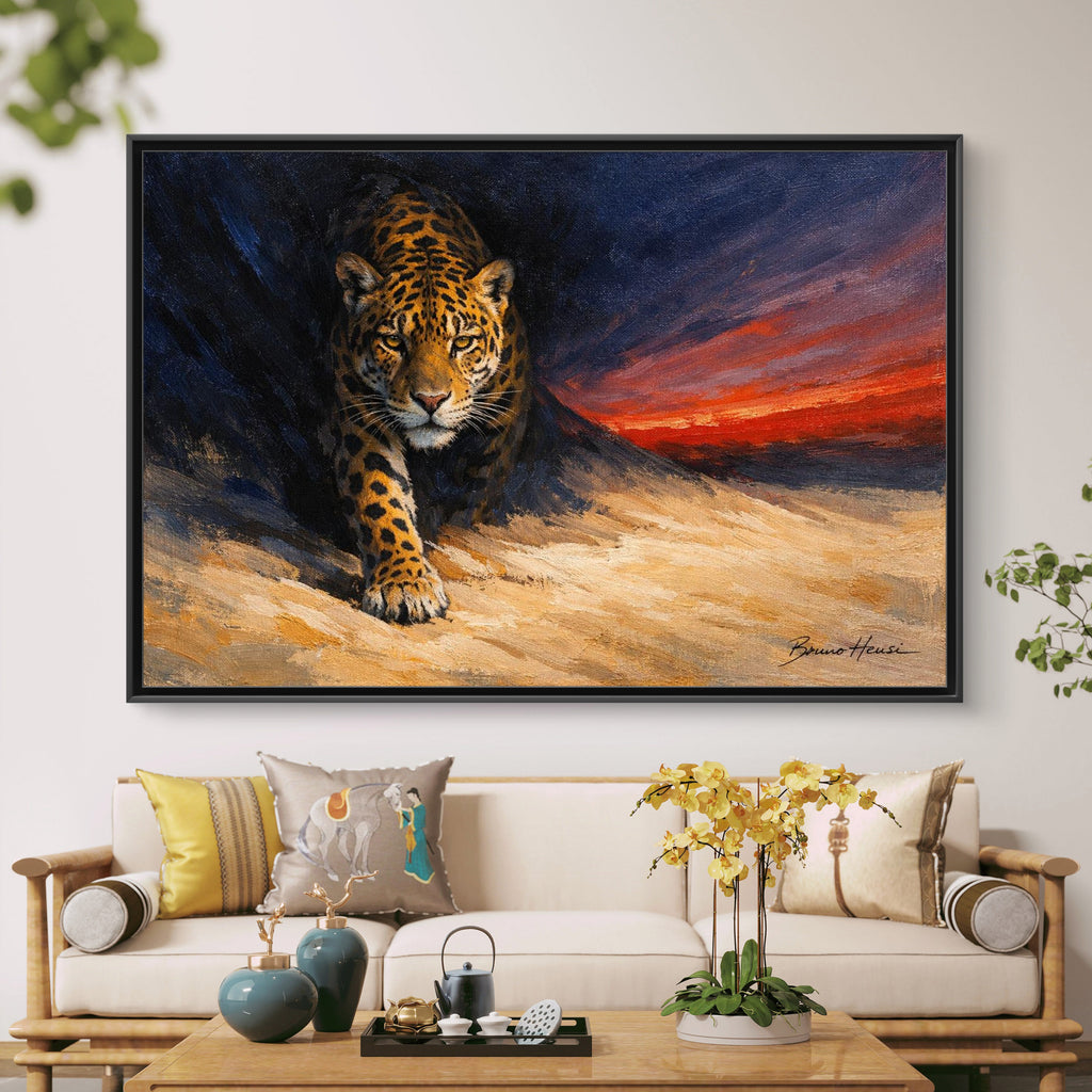 Framed Jaguar Canvas Art – Majestic Big Cat Painting with Sunset Sky