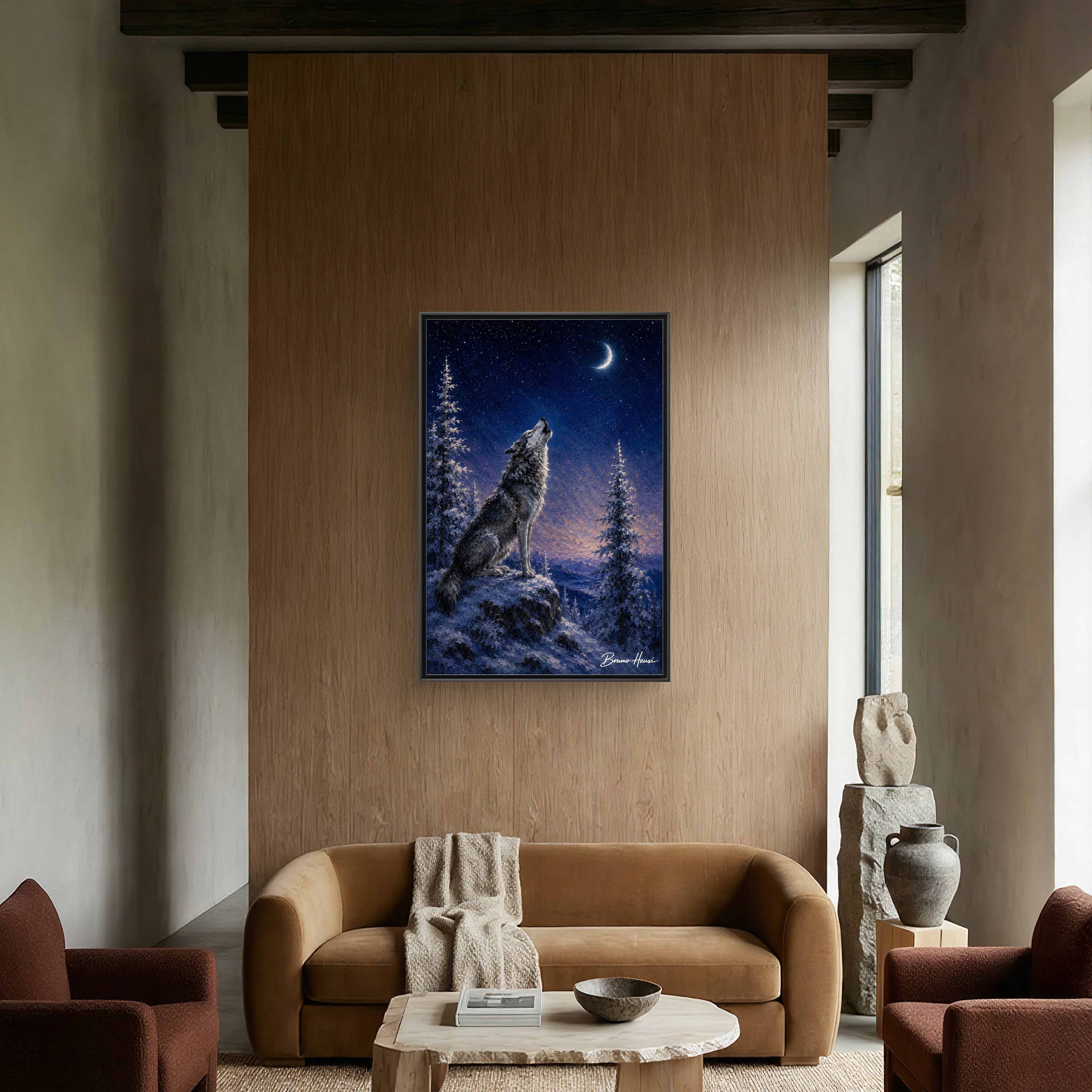 Howling Wolf Moon Framed Canvas Art - Matte Multi-Color Wilderness Print